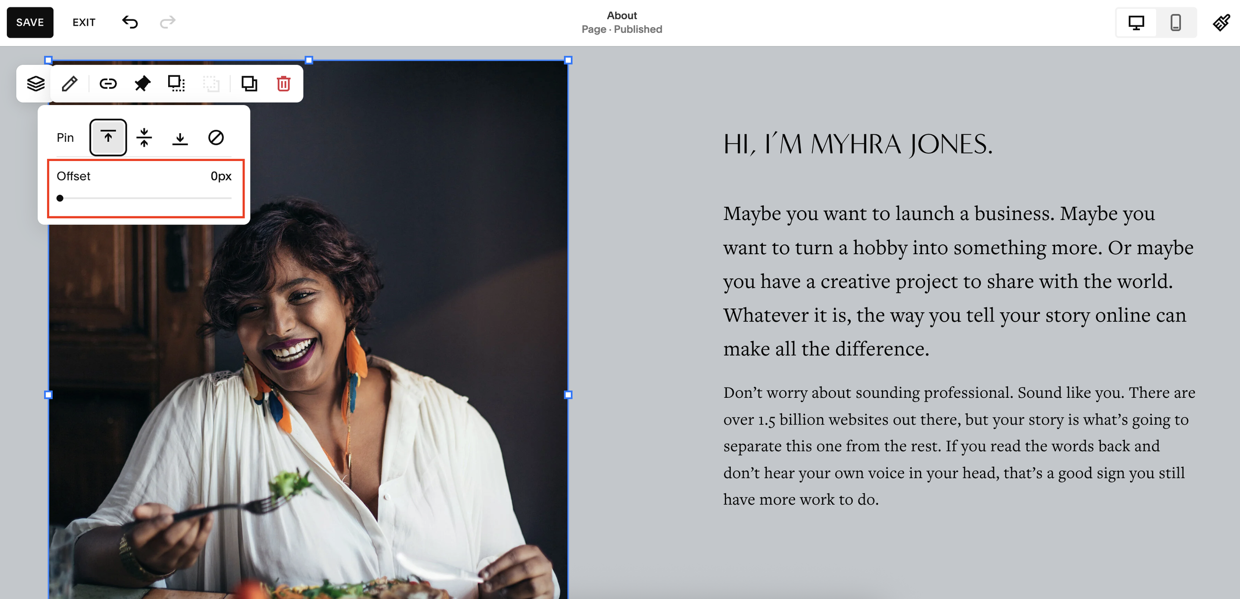How to pin a block on Squarespace