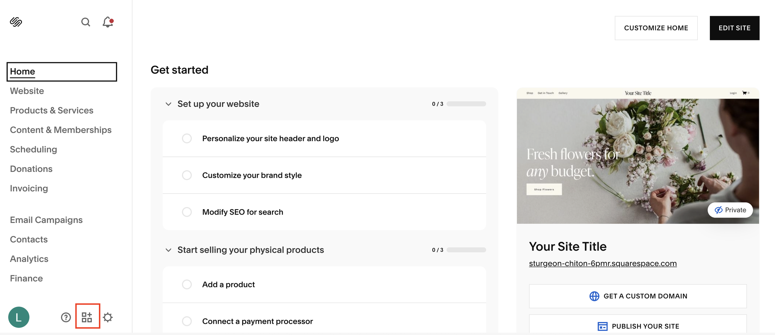 Customize Squarespace dashboard
