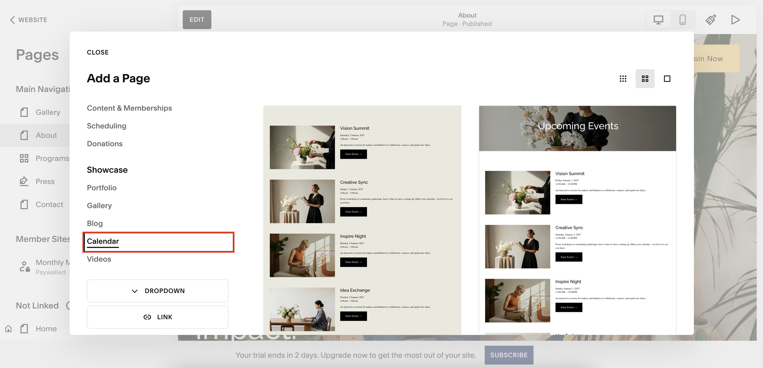 Adding an events calendar on Squarespace