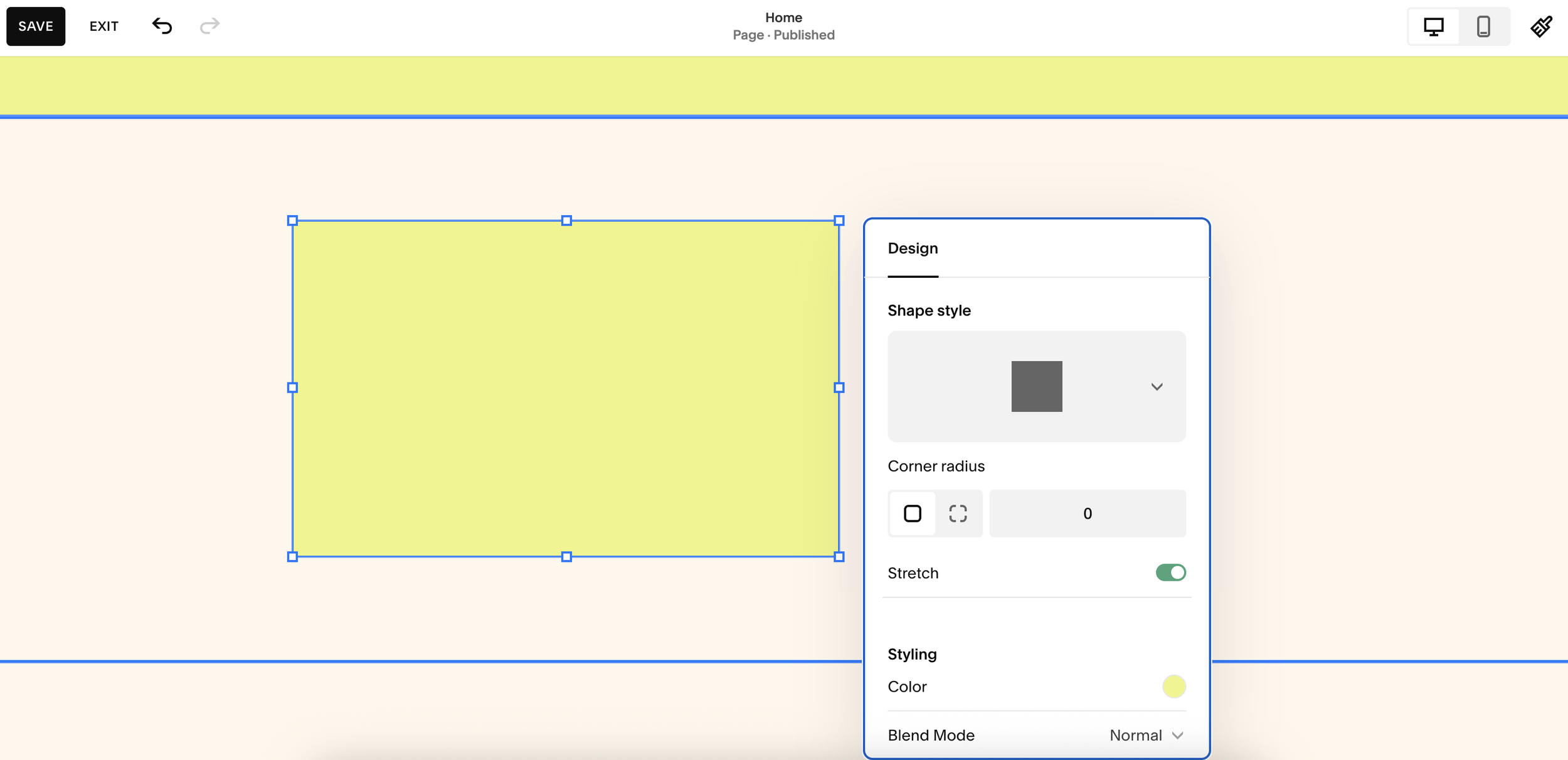 Shape block settings on Squarespace