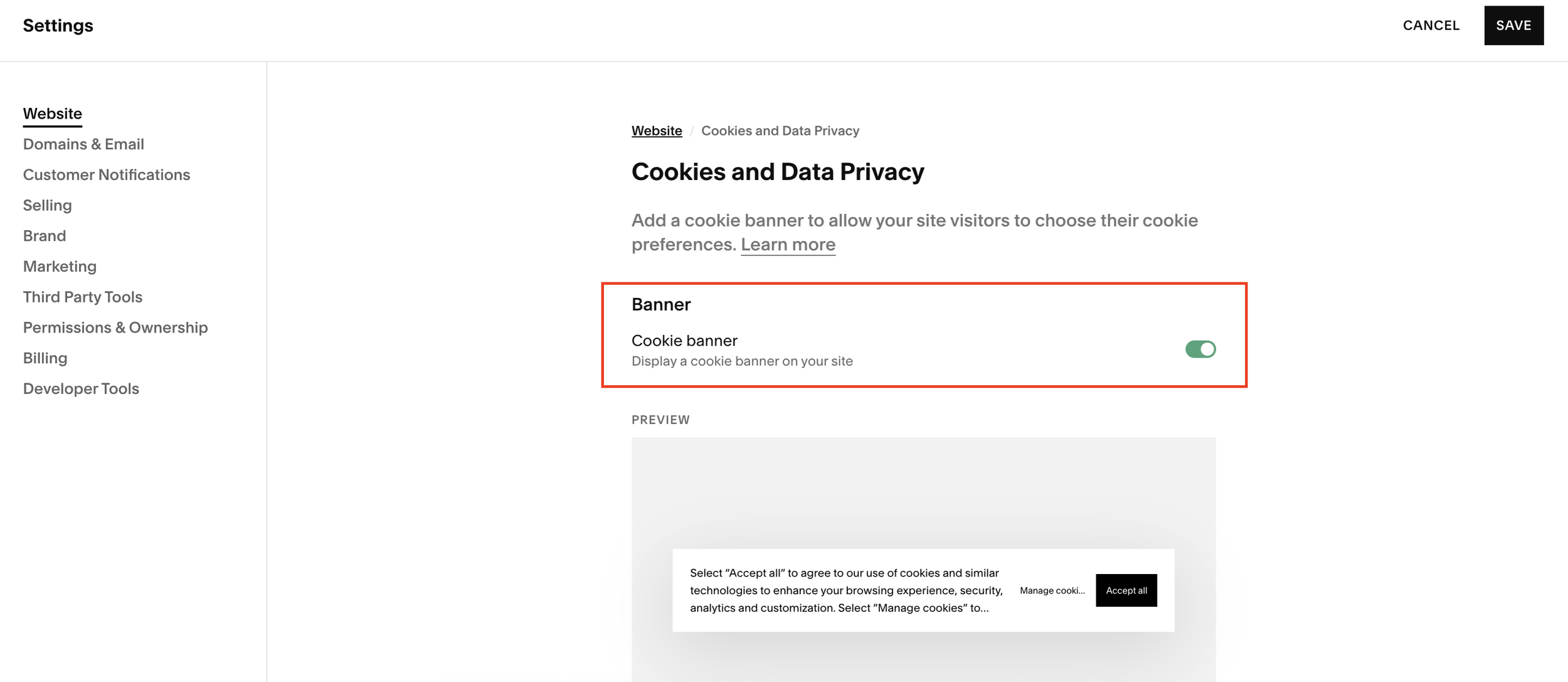 Squarespace cookie banner