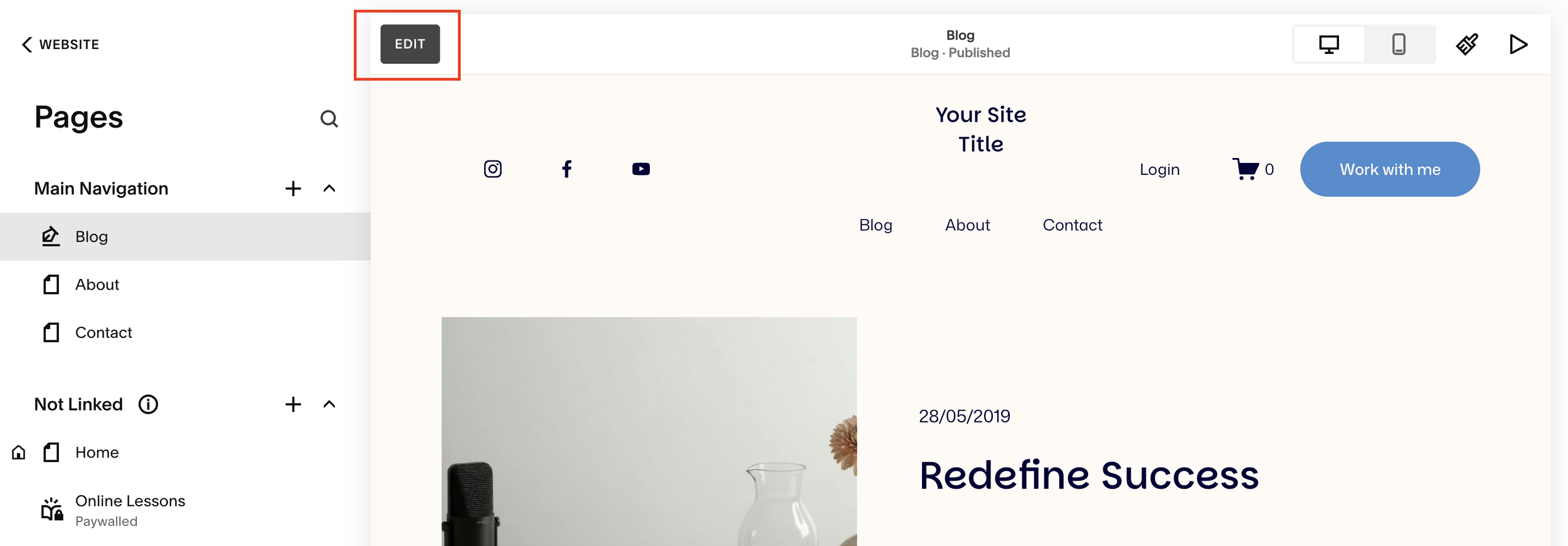 Click edit mode on Squarespace