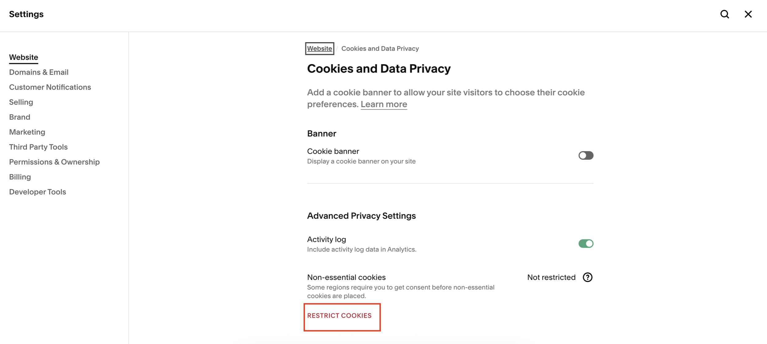 Restrict cookies on Squarespace