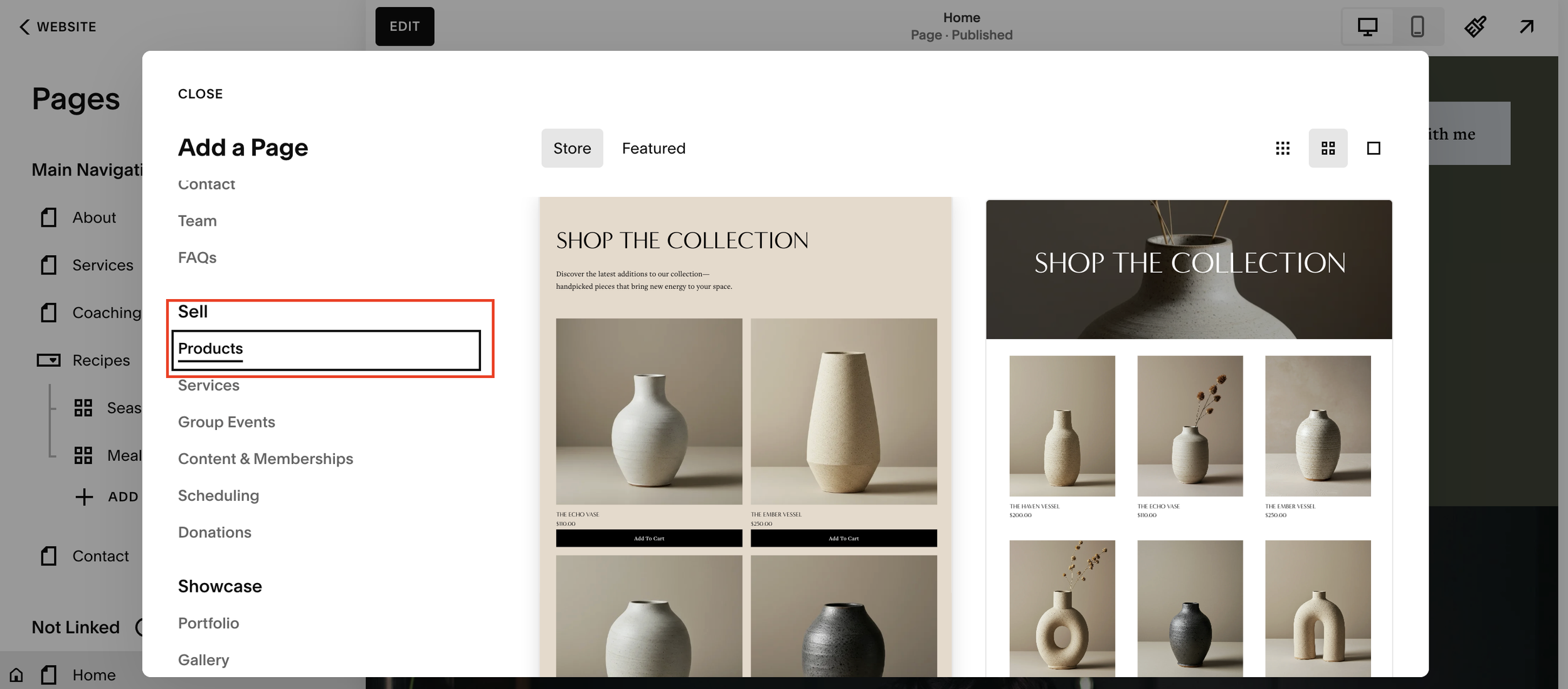 Add an ecommerce page on Squarespace