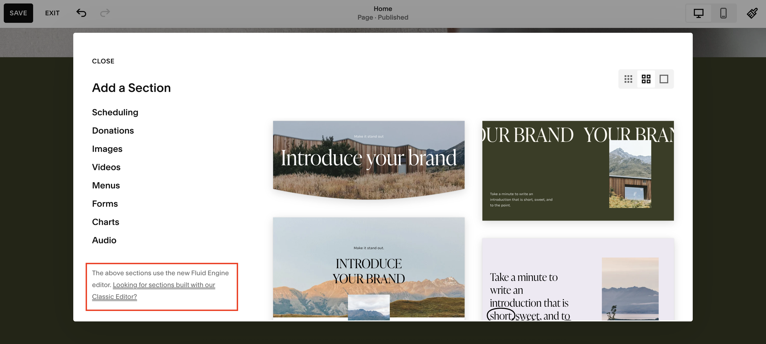 Adding classic editor sections on Squarespace