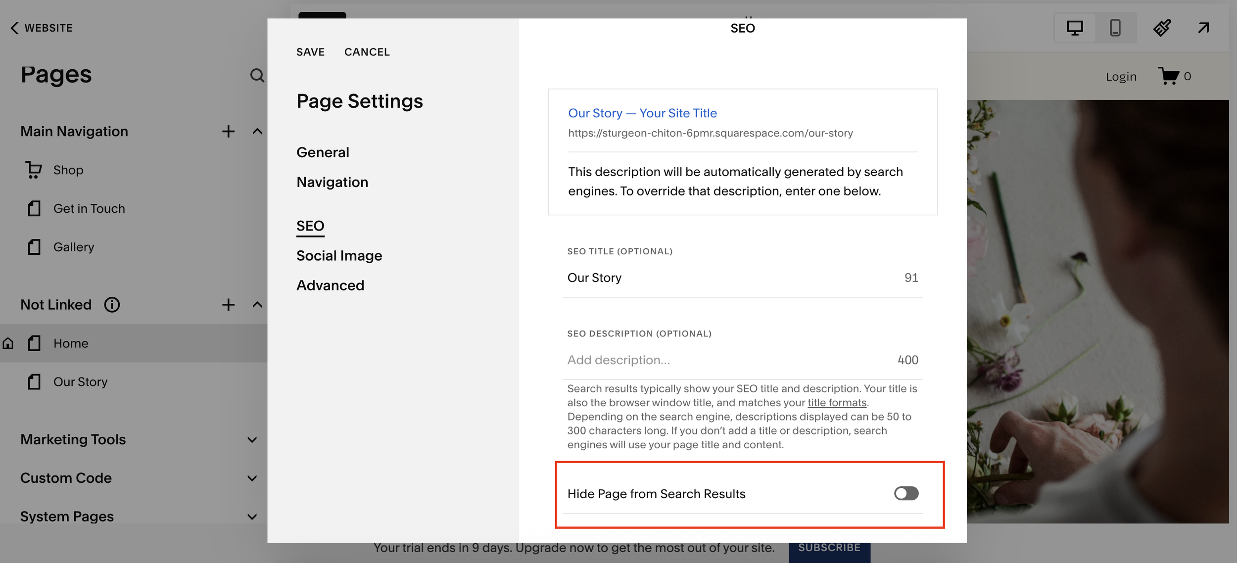 Hide page from search results on Squarespace