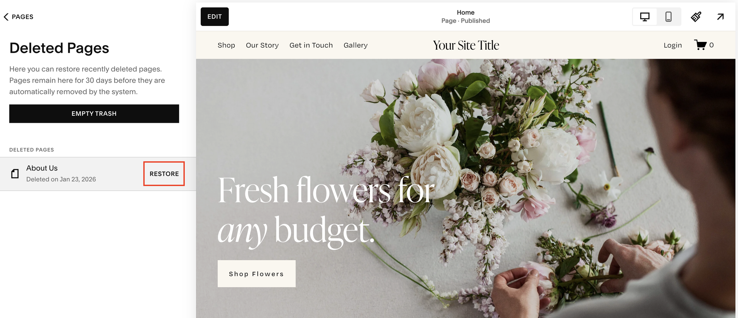 Restore deleted pages on Squarespace