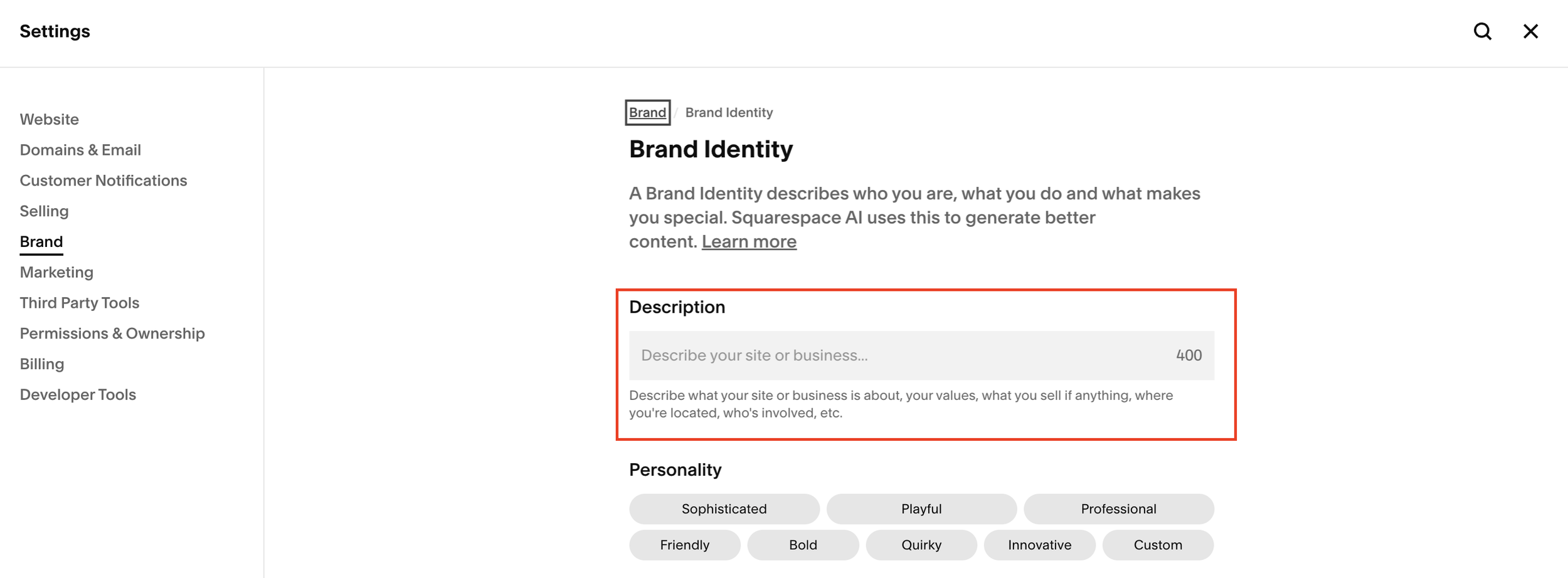 Describe your brand identity on Squarespace