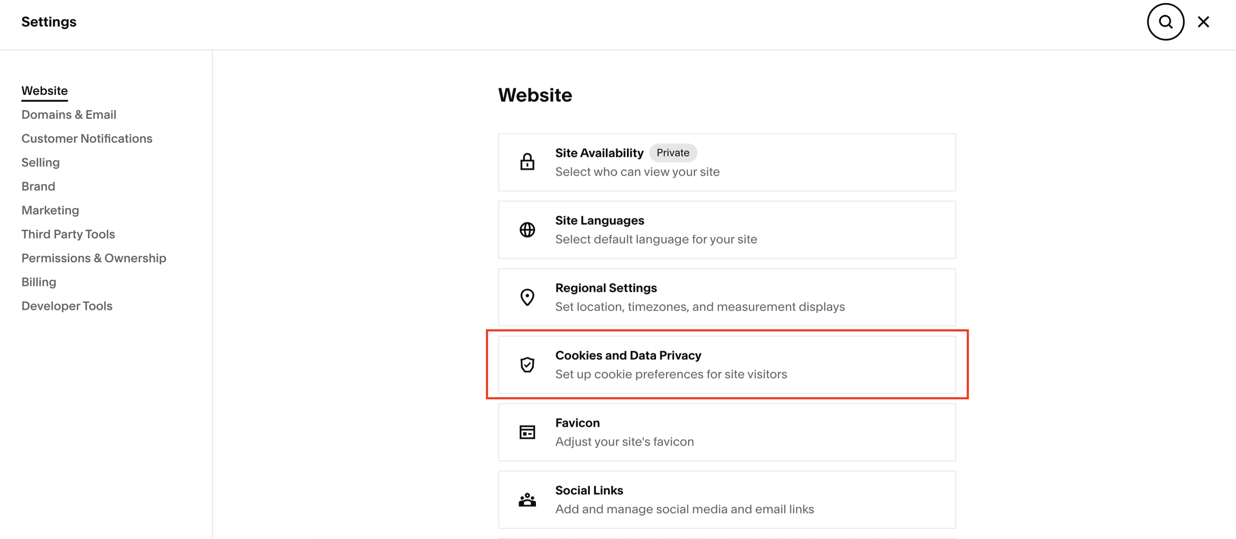 Squarespace cookie settings