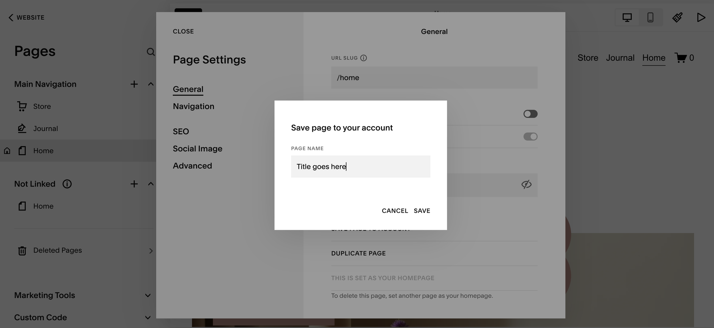 Naming a saved page on Squarespace