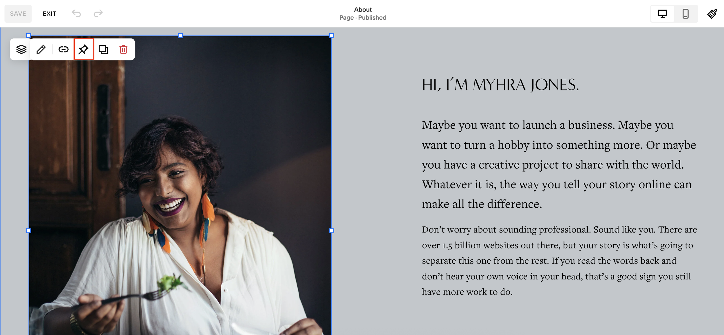 Pinning a block on Squarespace