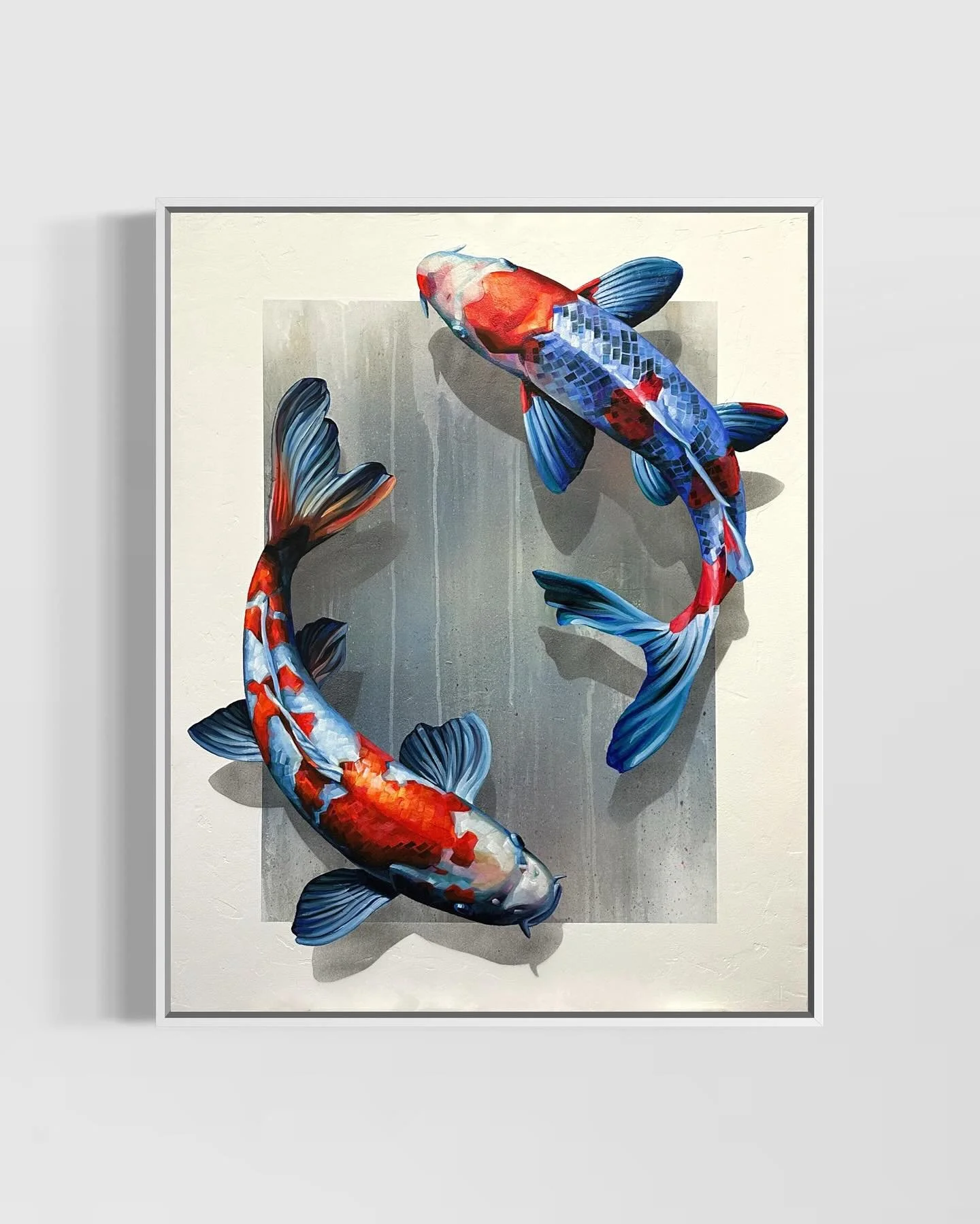 &bdquo;Die Kois&ldquo; 100 x 80 cm, &Ouml;l und Spr&uuml;hfarbe auf gespachtelter Leinwand. 

Noch eine weitere Koi Leinwand! aber nicht verwechseln mit der, die ich zuletzt gepostet hab 😅
Diese hier ist deutlich gr&ouml;&szlig;er: 100x80 cm, und Te