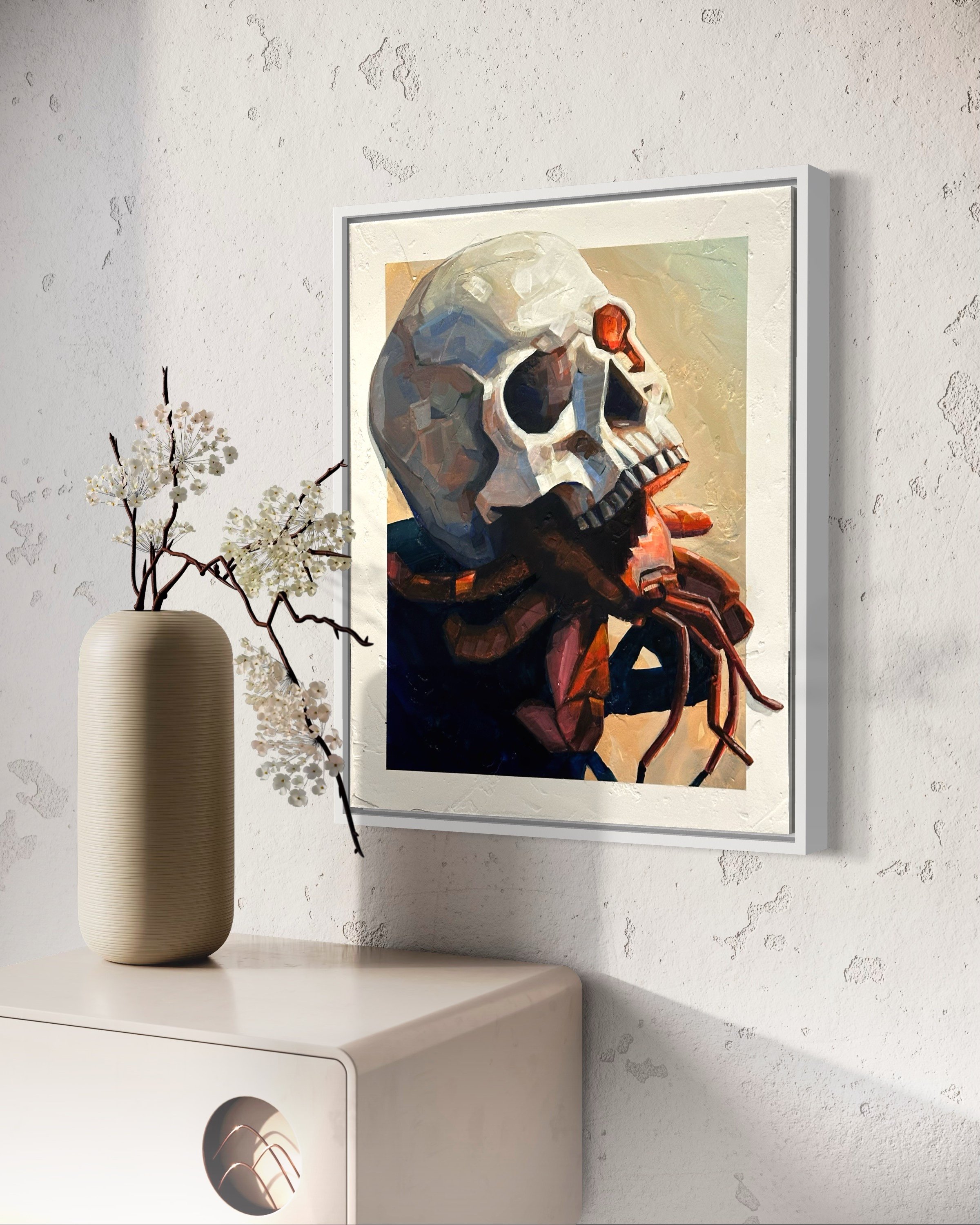 Raum Beispiel für ein Kunstwerk. Zu sehen ist ein Totenkopf und ein Krebs in Öl und Acryl, realistisch gemalt.