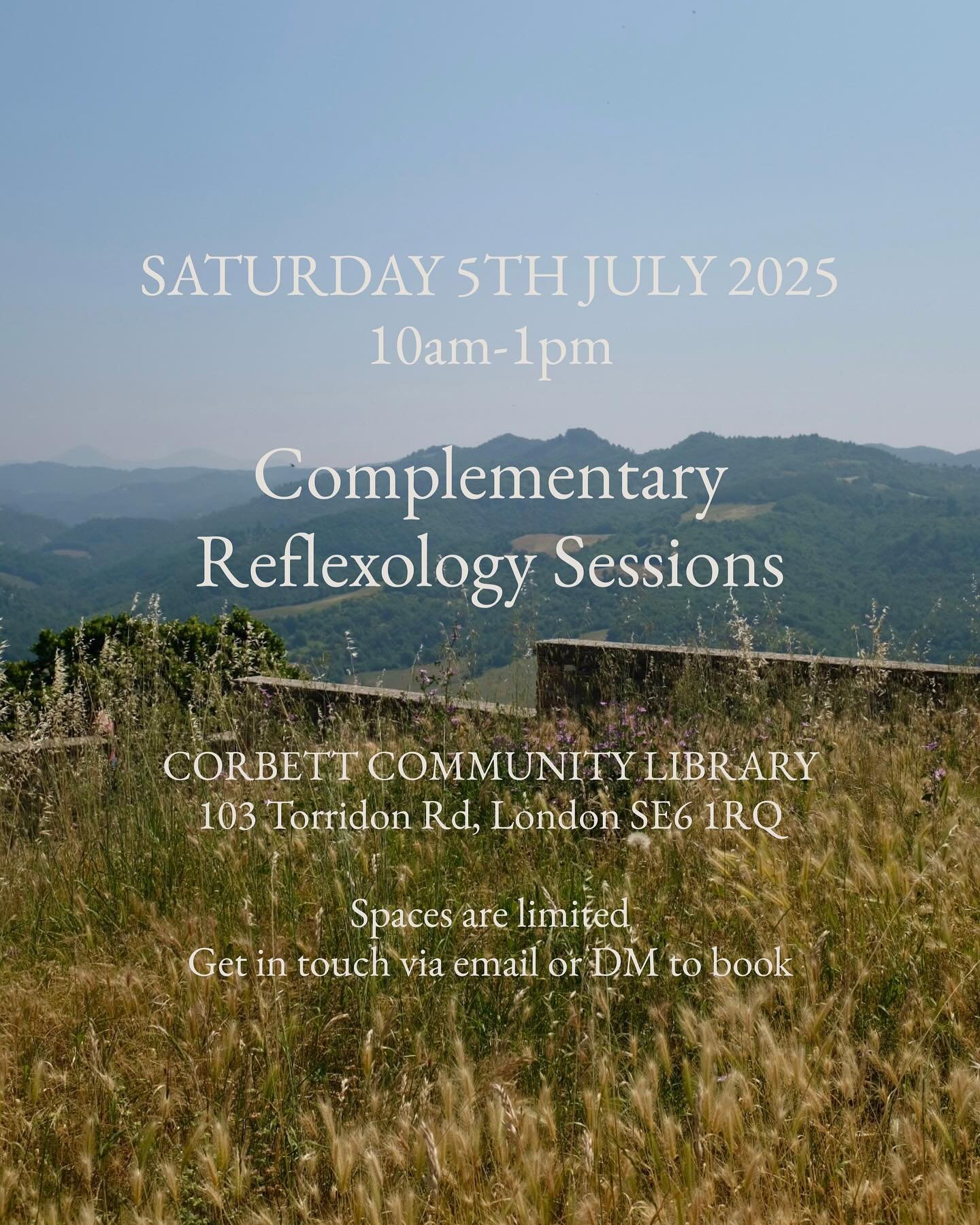 I&rsquo;m offering a number of complementary reflexology sessions at Corbett Community Library on Saturday 5th July.

Each 45-minute session includes a 10-minute consultation, followed by a 30-minute reflexology treatment.

Reflexology is a gentle, t