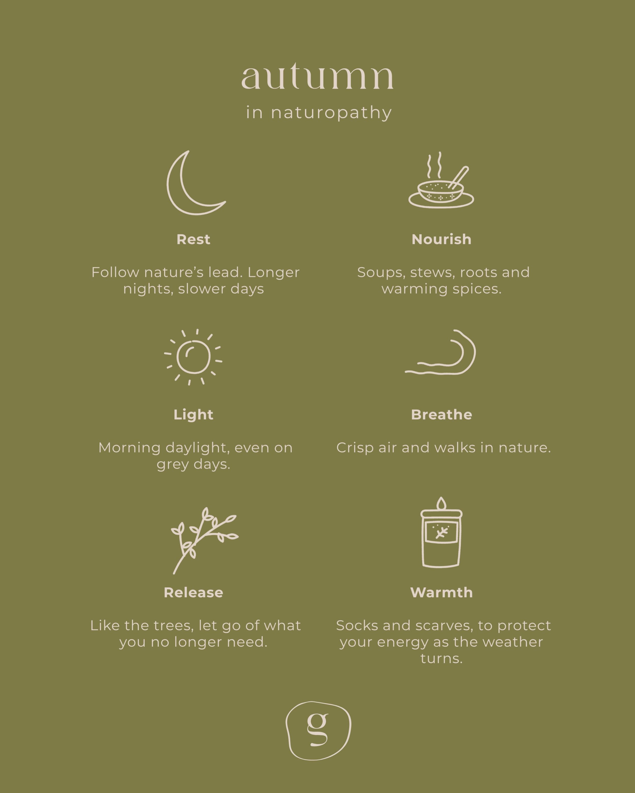 The clocks went back today, and after a stormy few days across the UK it really feels like the season has turned.

Here are some simple naturopathic practices I lean on through the autumn months to help protect my energy, rooted in the idea of living