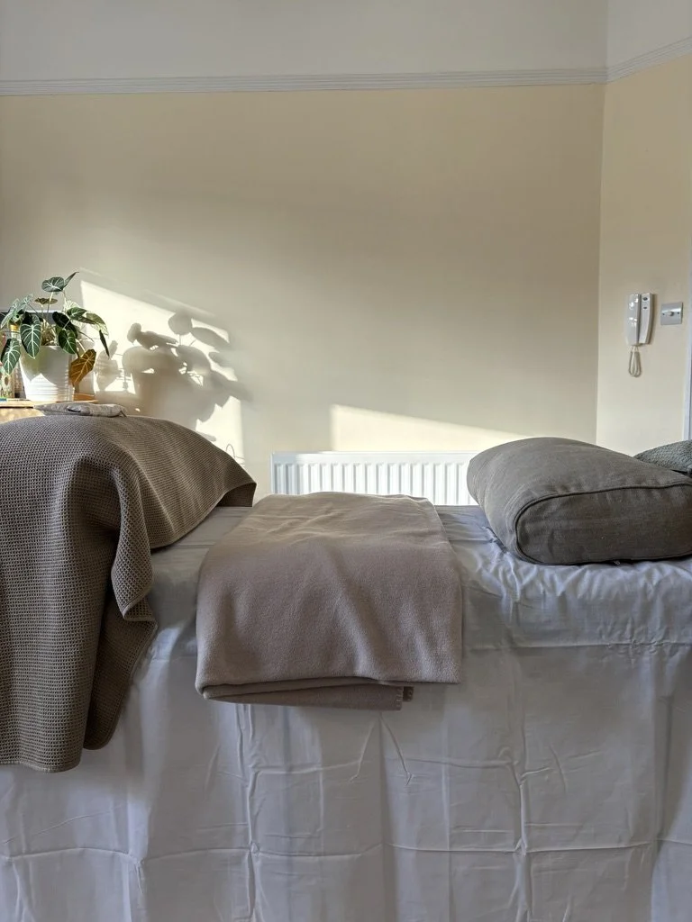 A neatly made bed with gray and brown pillows, a beige blanket, and a textured brown throw blanket in a sunlit room with a cream-colored wall, a radiator, and potted plant on a small table.