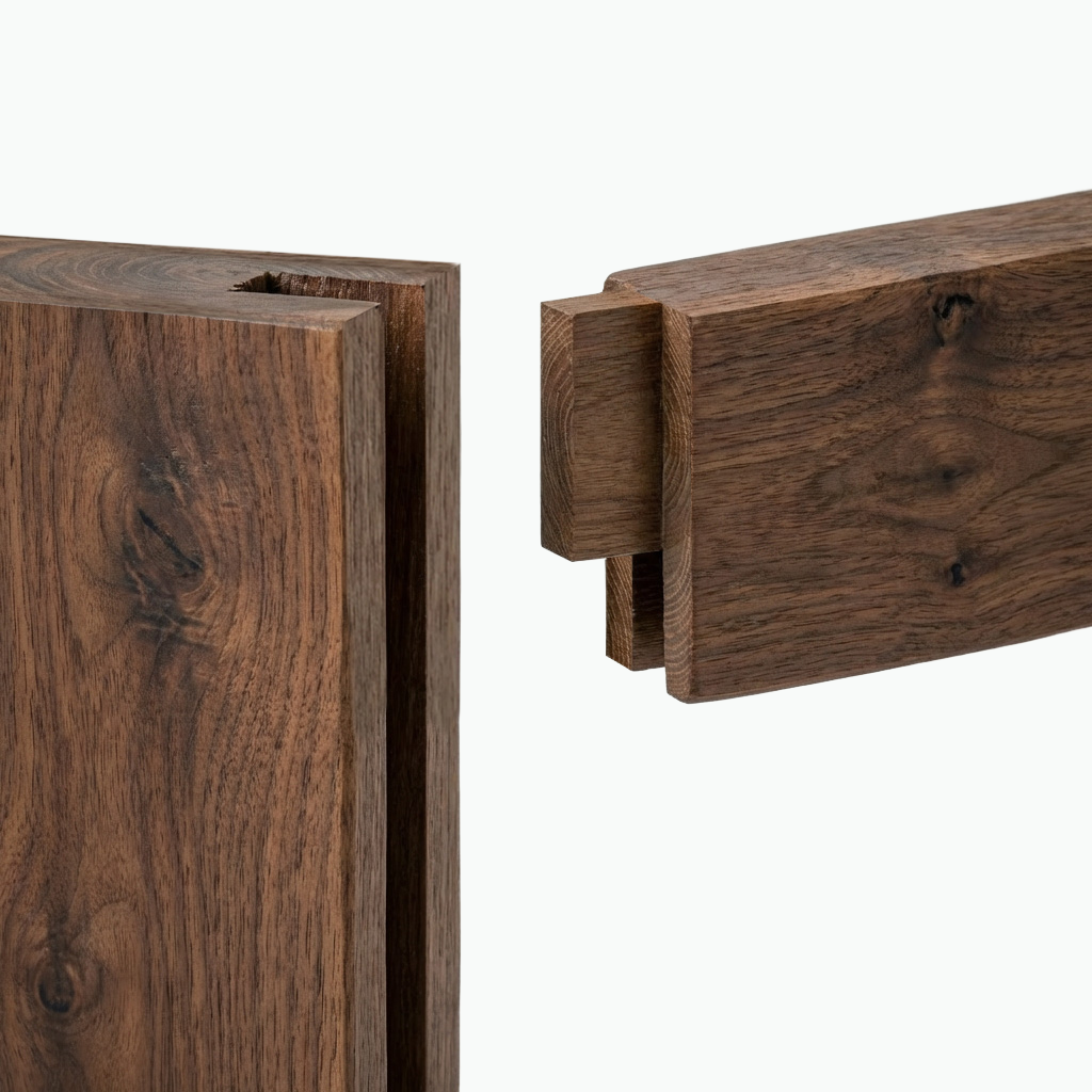 A close-up view of two wooden pieces joining together, with one piece having a slot for a connection.