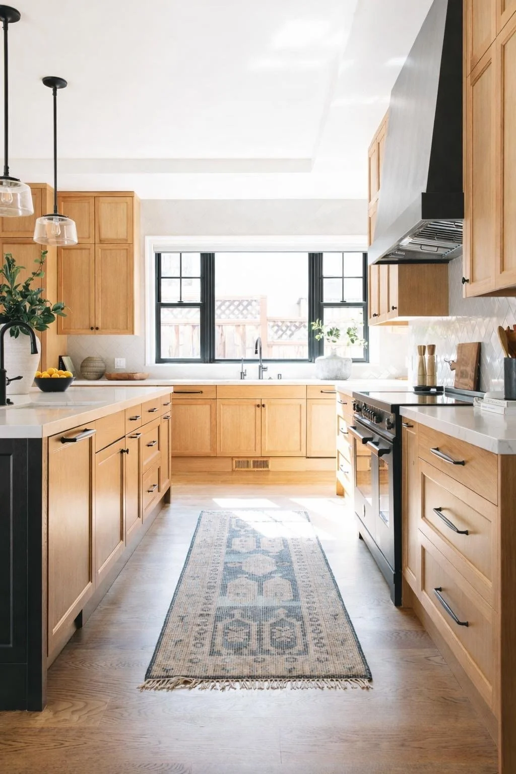 Bright kitchen with natural wood cabinets, black window frames, a beige and blue patterned rug, and various kitchen appliances and decor.