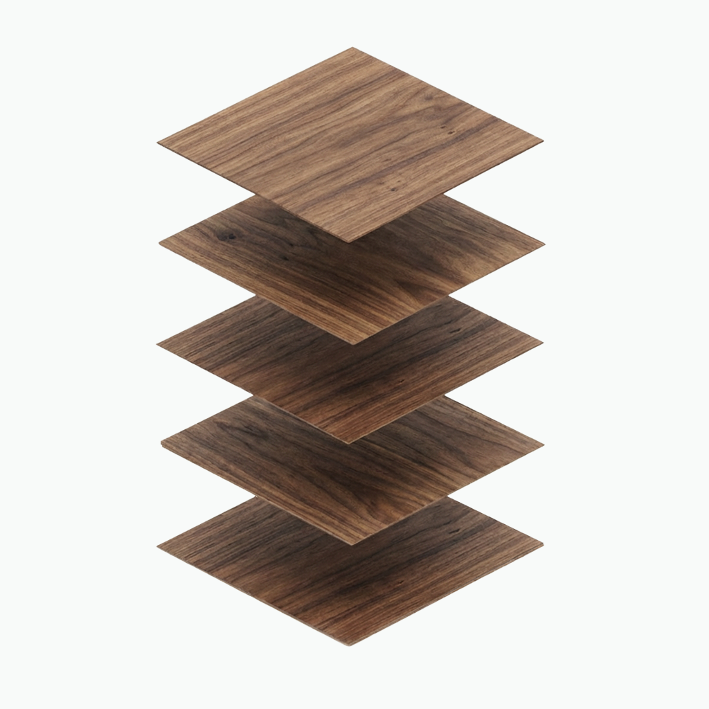 Five wooden square shelves stacked diagonally with a white background.