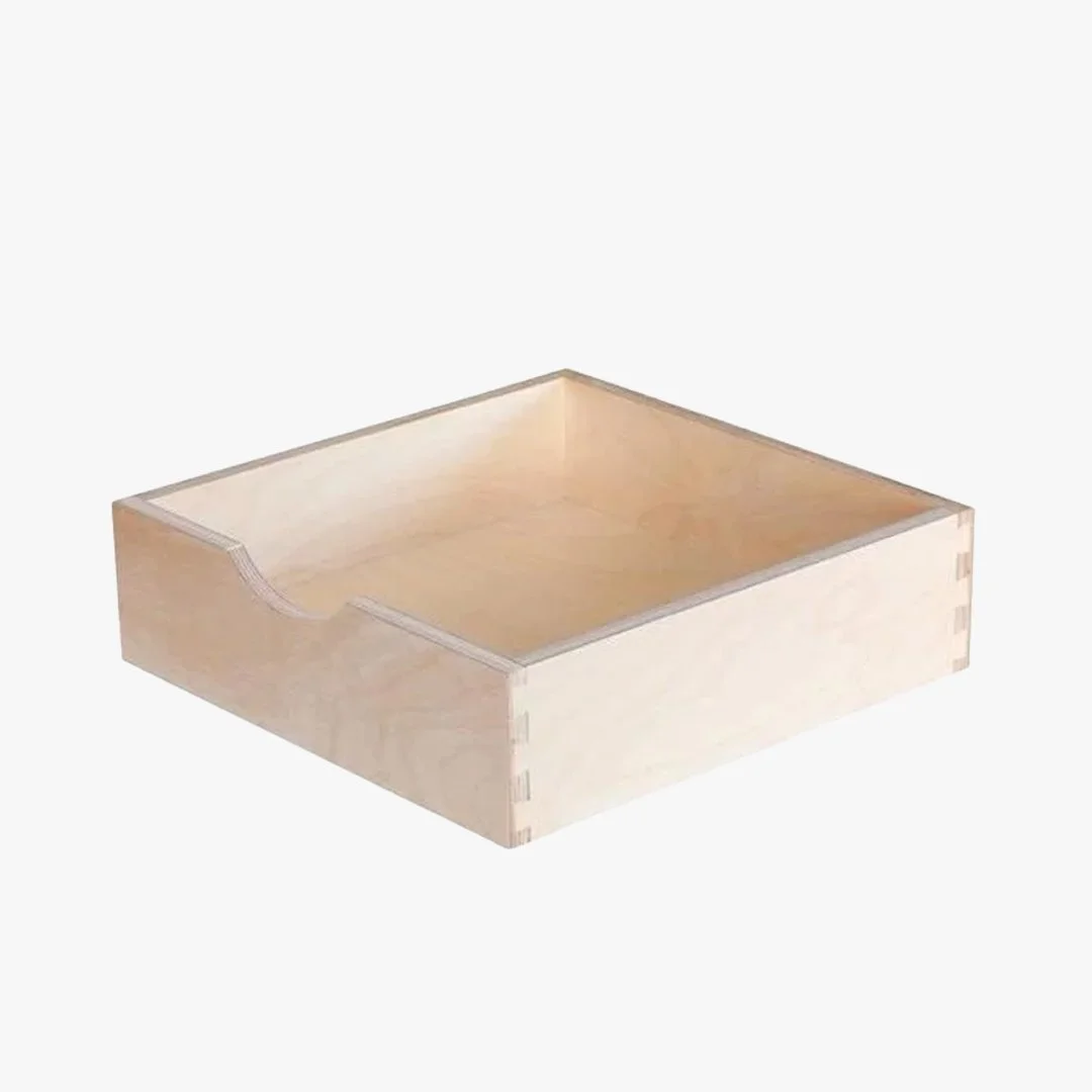 Unfinished wooden drawer or box with dovetail joints on the sides, open at the top.