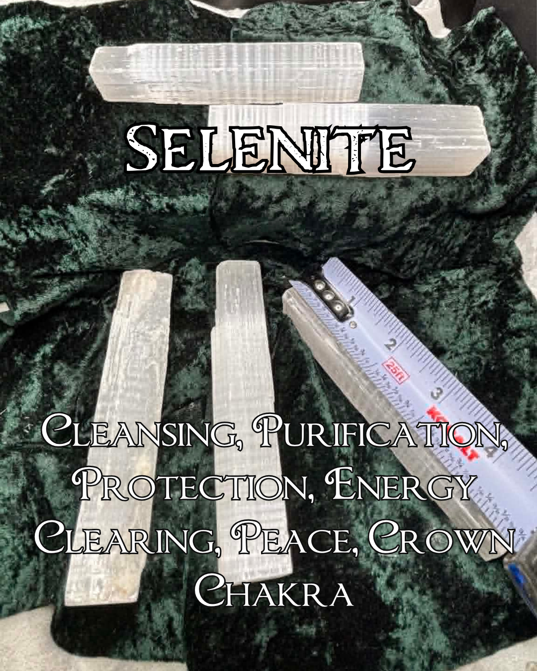 Natural Selenite Sticks (approx. 5 inches) displayed with a ruler on green velvet background, showing their rectangular shape and translucent white color for energy cleansing and purification.