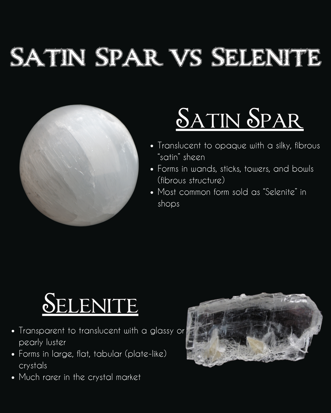 Satin Spar vs Selenite comparison chart showing the visual and structural differences between the two gypsum crystals, with a polished Satin Spar sphere and a raw Selenite specimen.