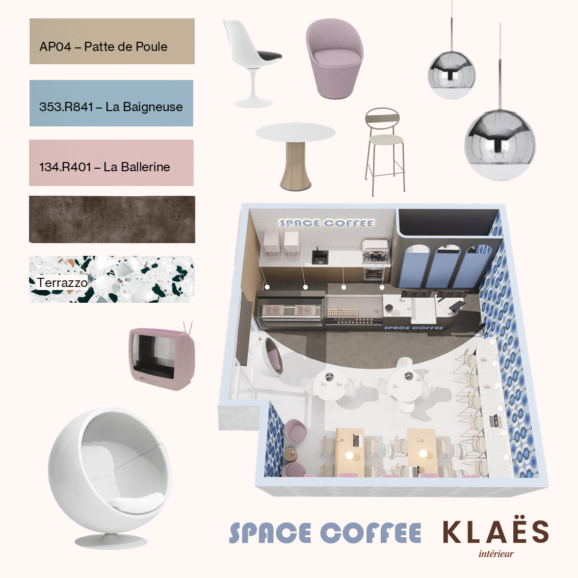 Plan intérieur d'un café nommé Space Coffee avec plusieurs meubles modernes, tables, chaises, comptoir, et décor coloré, comprenant des éléments de mobilier en beige, blanc, violet, et des lampes suspendues.
