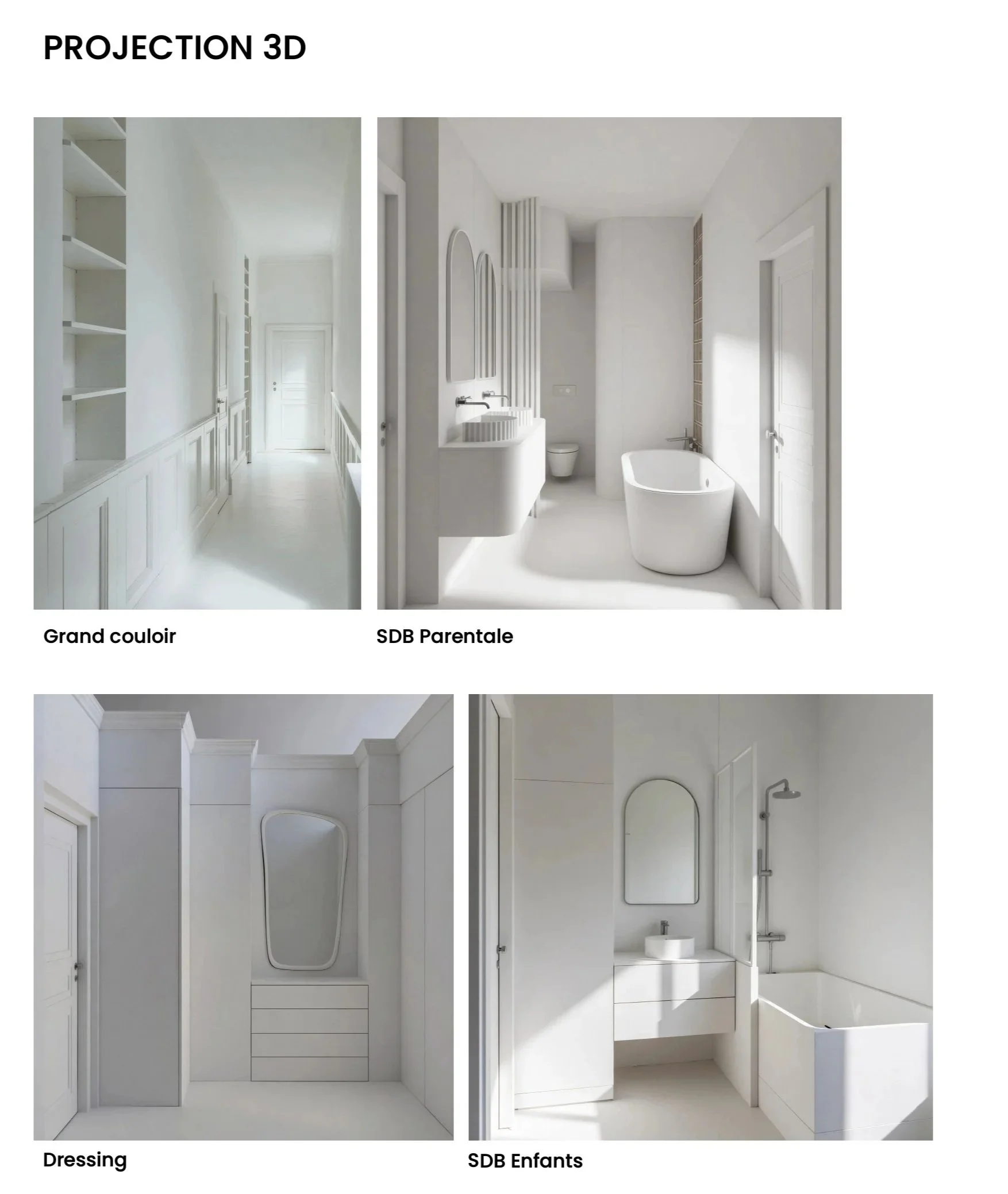 Réalisation de modélisations et vues 3D neutres destinées à la visualisation des volumes, proportions et implantations du projet.
Les rendus sont fournis sans application de coloris, matériaux, textures, mobiliers décoratifs ou ambiances, et ont pour