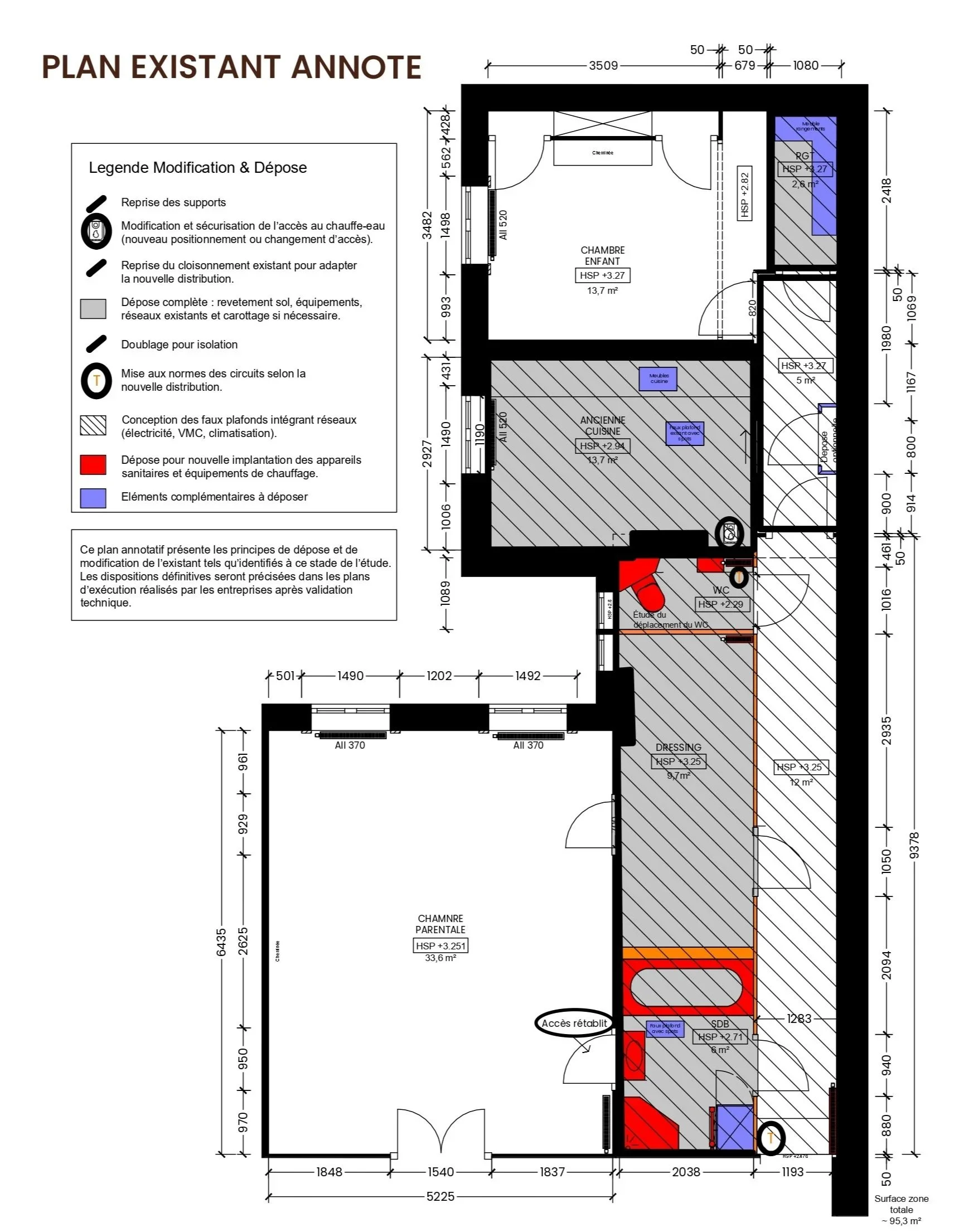 Plan de l’existant annoté intégrant :
– les démolitions et déposes envisagées,
– les zones à reprendre (carrelages, enduits),
– les réservations et carottages projetés, à titre indicatif et sous réserve de validation technique et structurelle.
