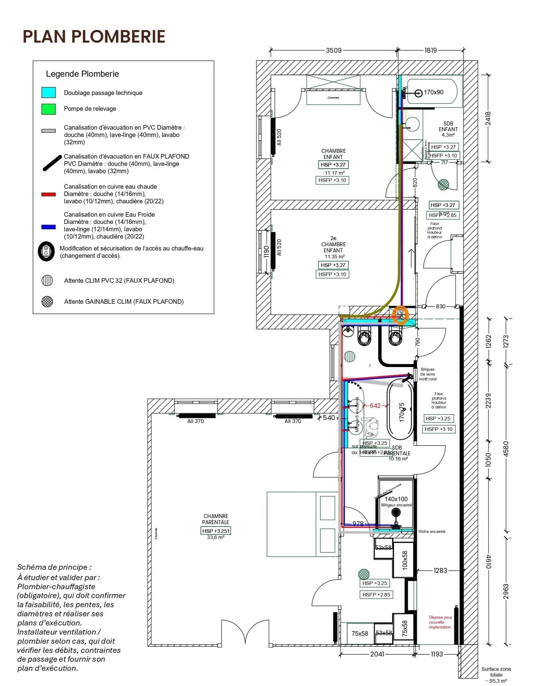 Plan Plomberie / Chauffage
• Réseaux indicatifs d’alimentation et d’évacuation (principe de nourrices).
• Implantation de principe des appareils sanitaires et équipements de chauffage.
• Réservations et passages envisagés en cloison / sol / faux plaf