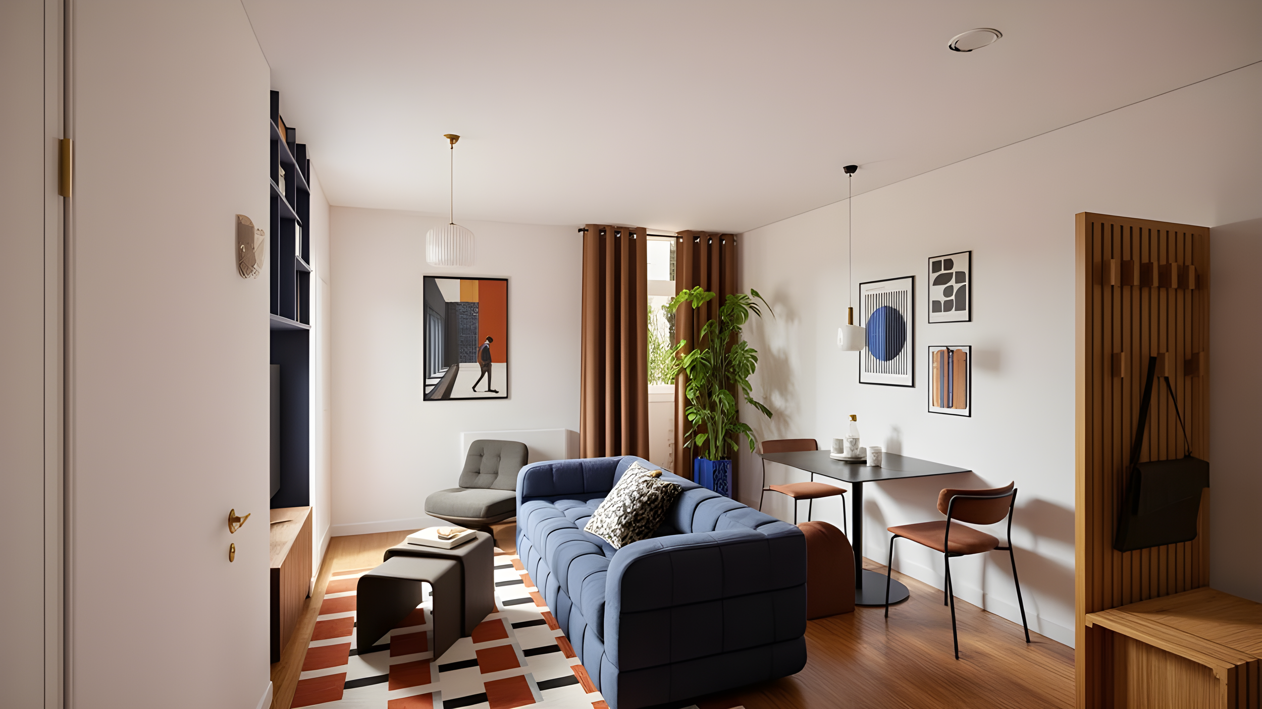 Salon moderne avec canapé bleu, fauteuil gris, table basse, tableau, plantes vertes, étagère bleue, mobilier en bois, et mur blanc décoré d'art abstrait.