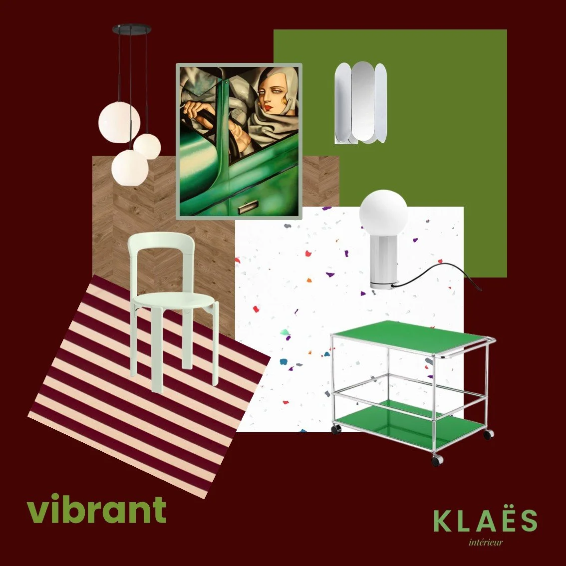 Collage de meubles et objets de décoration colorés avec un fond bordeaux, incluant des lampes, une chaise blanche, un chariot vert, un tableau, un tapis rayé, une affiche d'art moderne et des éléments décoratifs.