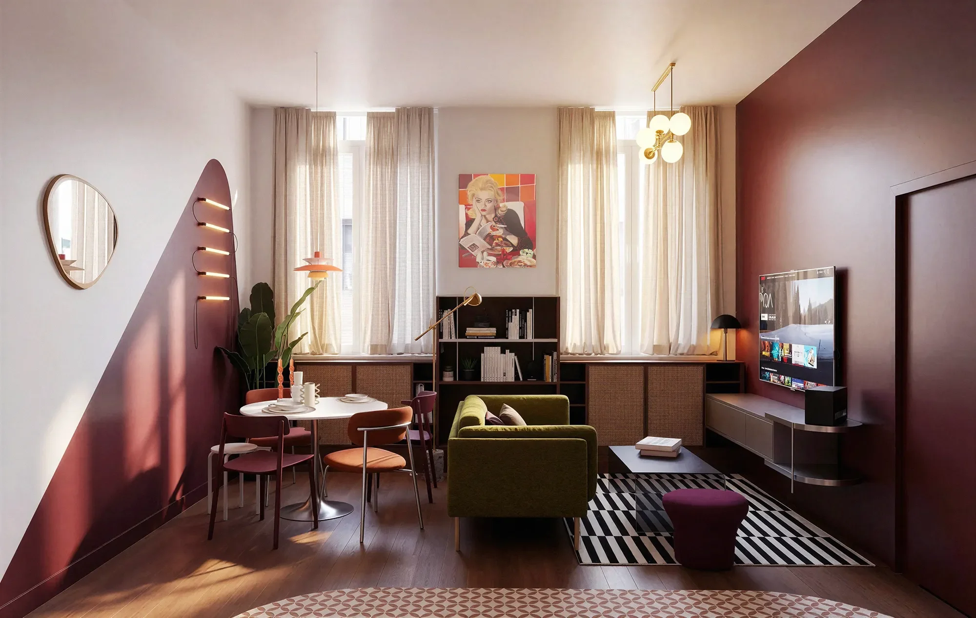 Rénovation complète d’un appartement lyonnais avec un intérieur mid-century vintage, mobilier en noyer et ambiance rétro contemporaine.