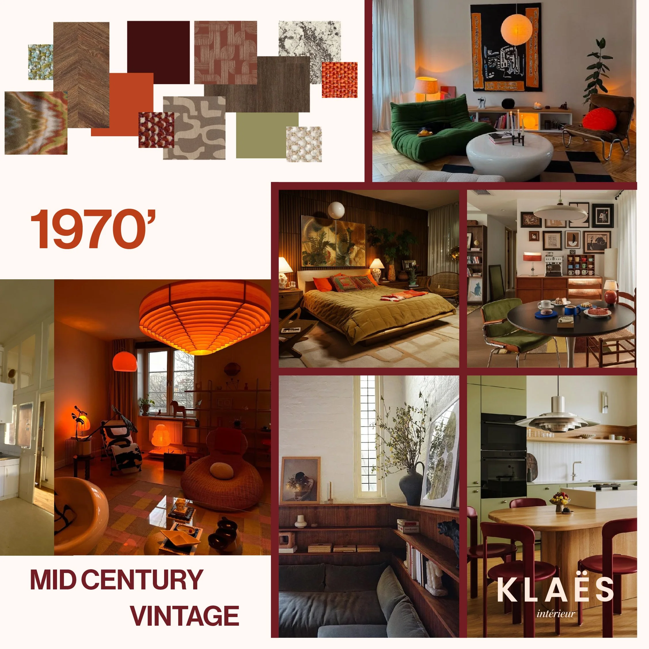 Collage de photos de décoration intérieure vintage du début des années 1970, avec des couleurs chaudes, meubles en bois, lampes orange, et motifs de décoration mid-century, incluant un salon, chambre, salle à manger et cuisine.