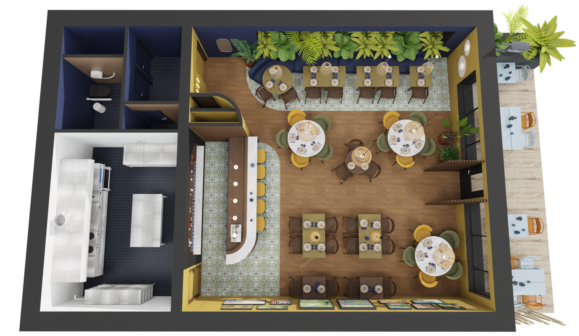 Plan d'aménagement d'un restaurant à Lyon avec espace intérieur et terrasse extérieure, tables, chaises, bar, cuisine, toilettes, et plantes décoratives.