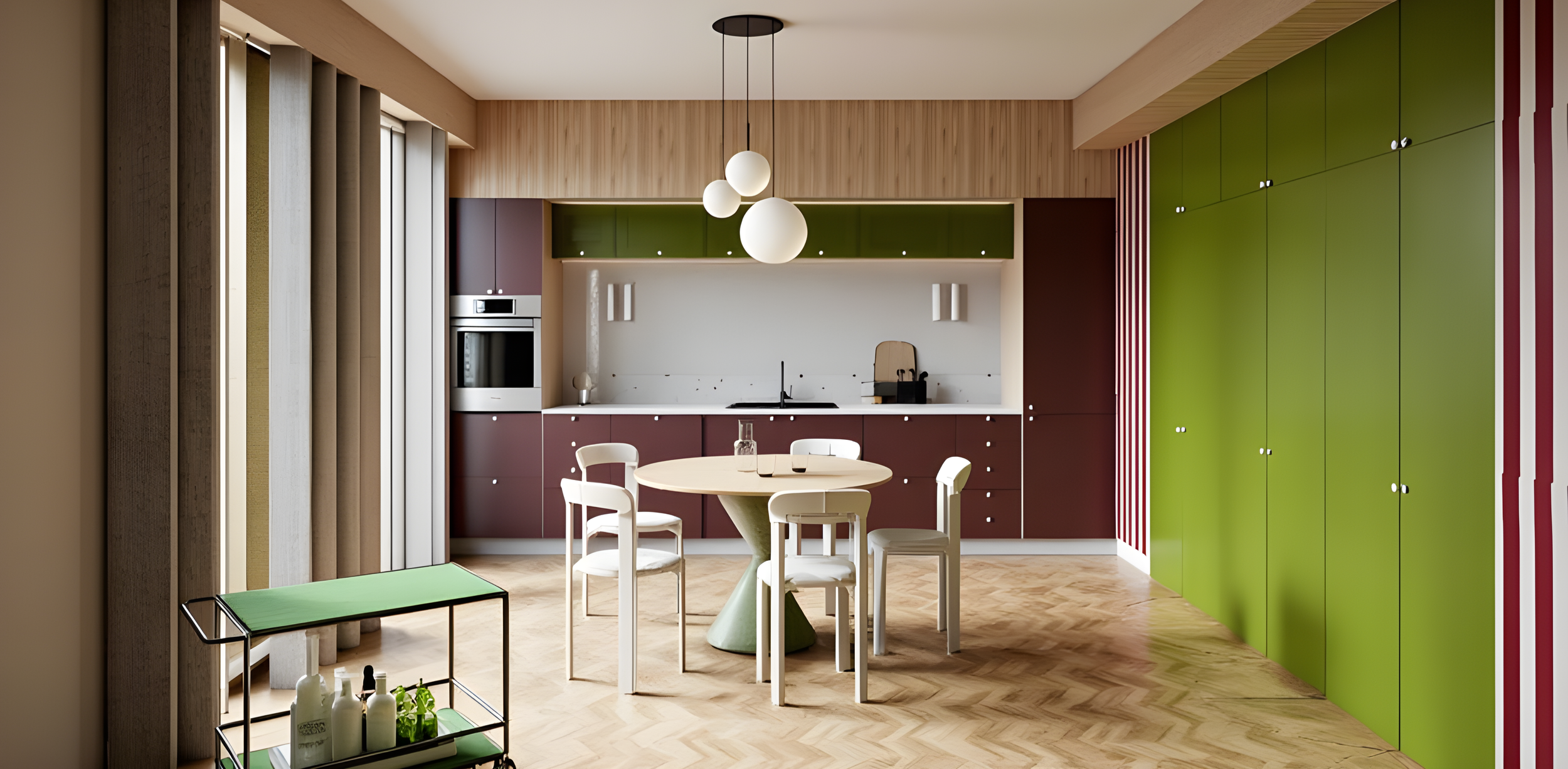 Cuisine moderne avec armoires vertes et bordeaux, luminaires suspendus, table ronde blanche avec quatre chaises, sol en parquet.