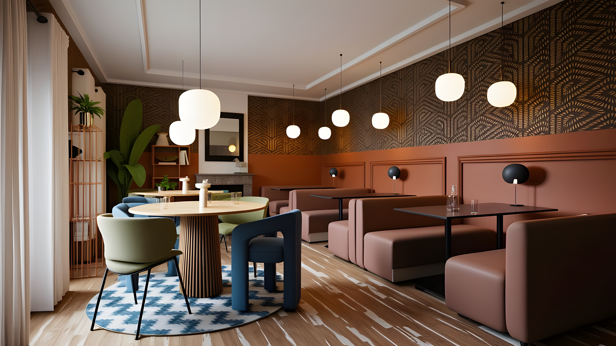 Rénovation intérieur de restaurant art déco coloré avec des tables, des fauteuils colorés, un plafond avec des suspensions sphériques, un mur décoratif en bois faux et une grande plante verte