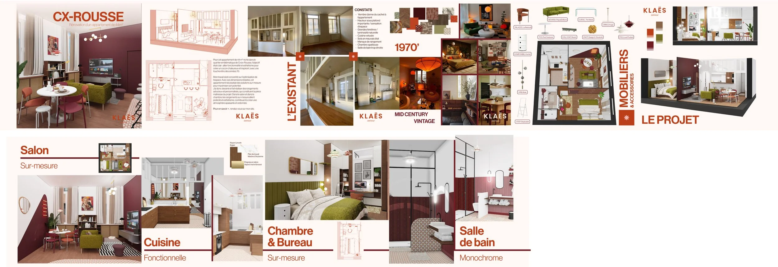 Plan architectural intérieur d'un appartement avec différentes pièces telles que salon, cuisine, chambre et salle de bain, décorées dans un style moderne avec une palette de couleurs neutres et accents de vert et rouge.