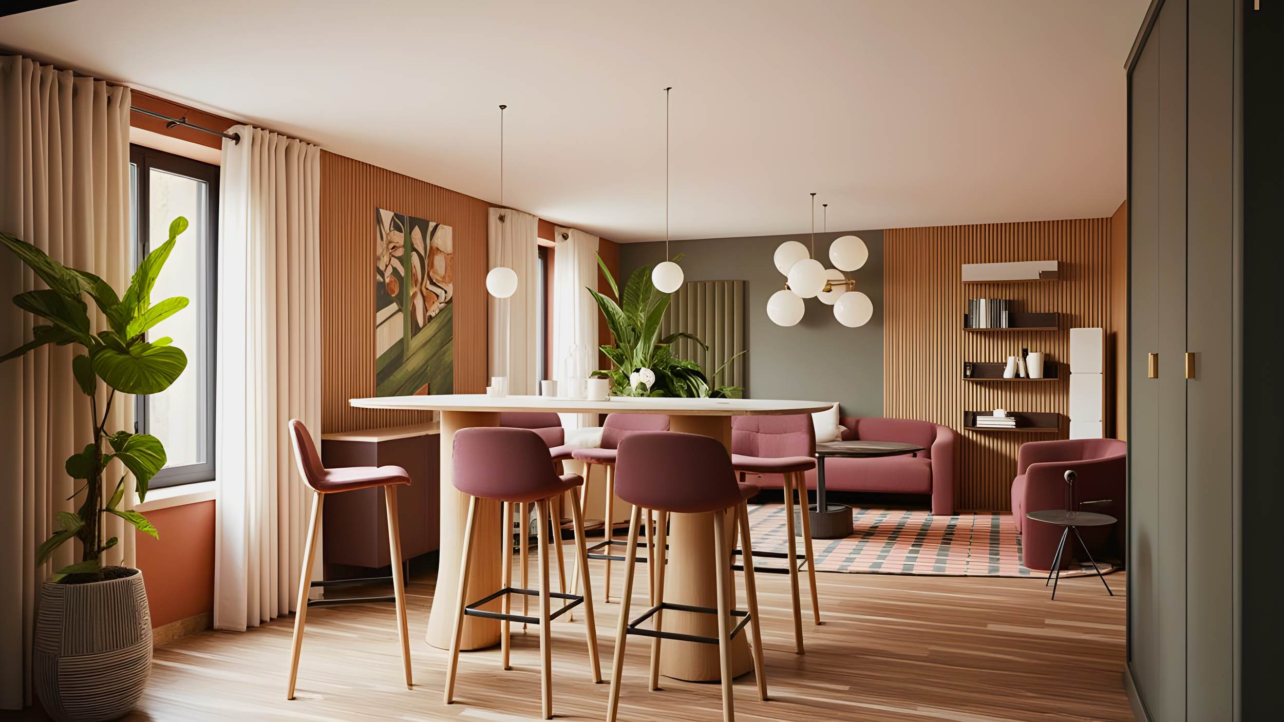 Aménagement intérieur art déco avec espace de vie, mobilier en bois et plantes vertes.