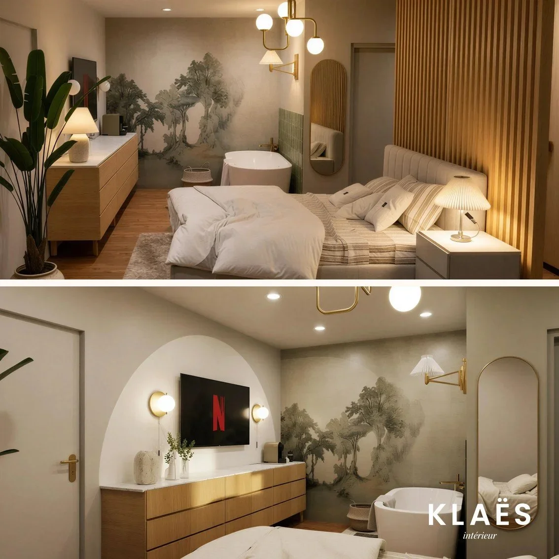 Une chambre moderne avec un lit, une commode, un miroir, une lampe de chevet, un tableau noir avec le logo de Netflix, et une baignoire. Décor épuré avec éléments en bois et mur peint avec arbres.