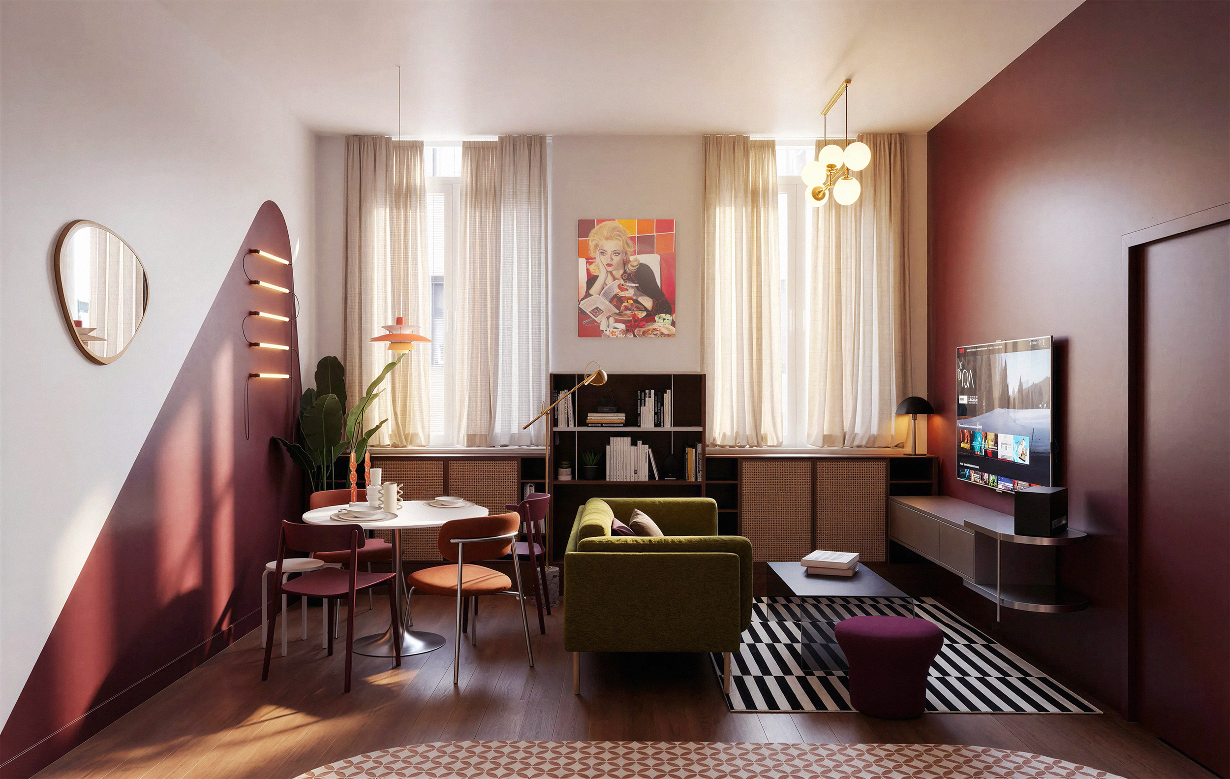 Salon midcentury rénové à Lyon