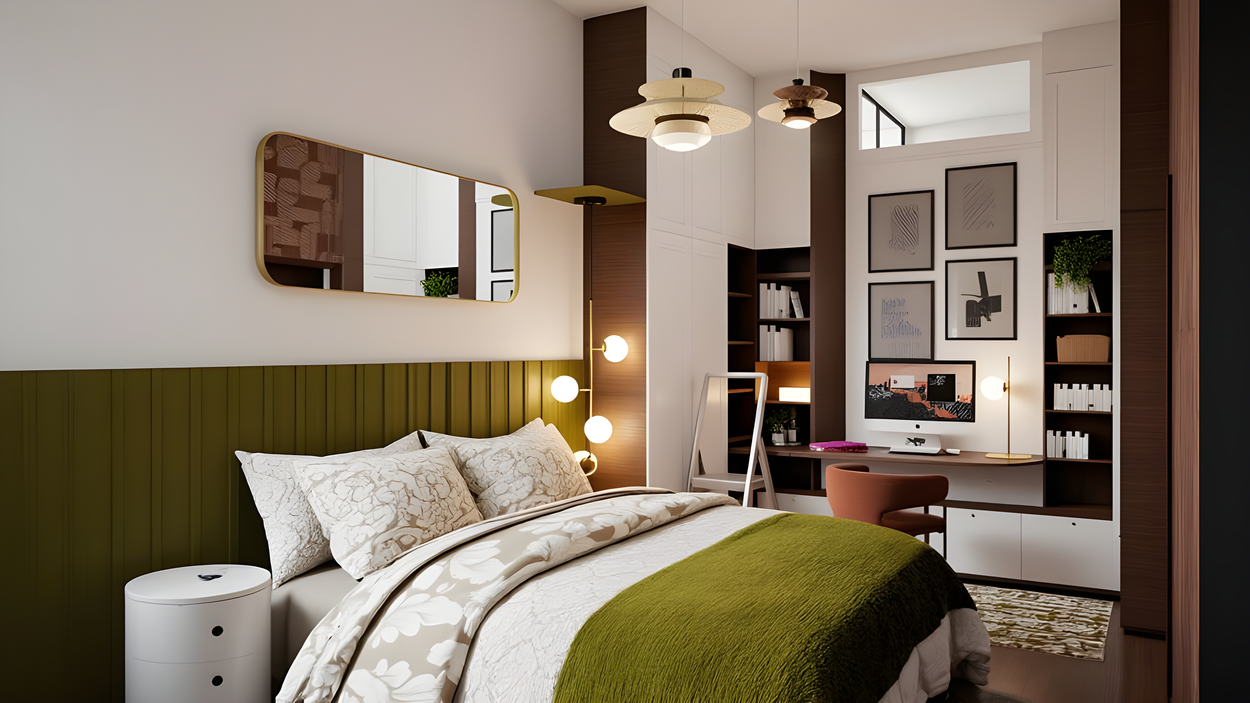 Rénovation chambre mid-century avec lit, coussins, lampe de chevet à chaque côté, bureau avec ordinateur, chaises, étagères avec livres et décorations, tableau au mur.