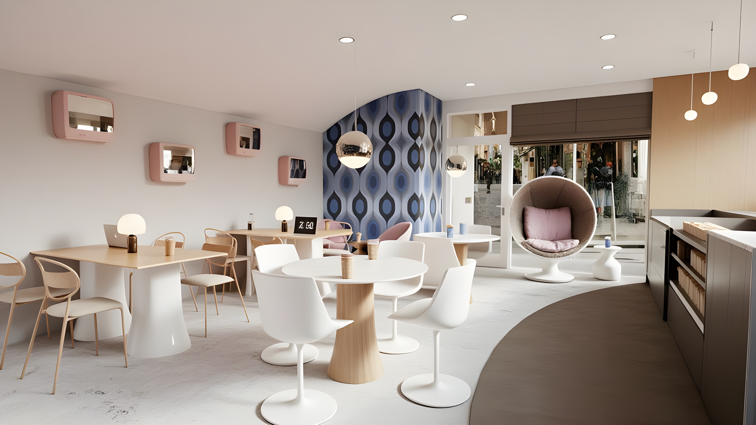 Intérieur moderne d'un café avec des tables blanches en forme de disque, des chaises en bois clair, un mur à décoration géométrique bleue, un fauteuil suspendu arrondi avec coussin rose et une fenêtre large qui laisse entrer la lumière naturelle.