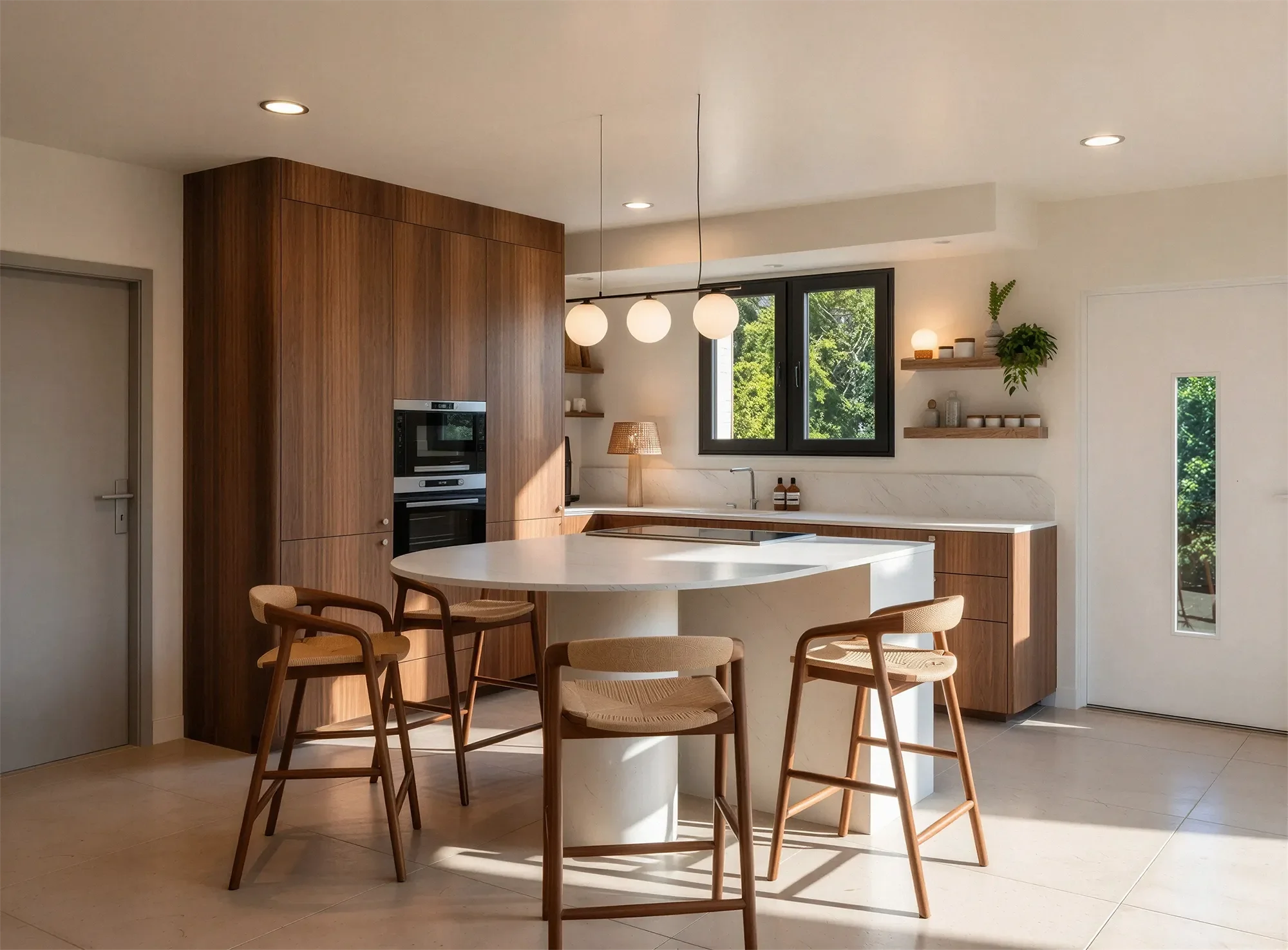 Cuisine sur-mesure dessinée par une architecte d’intérieur à Lyon, avec façades en noyer et style contemporain chic