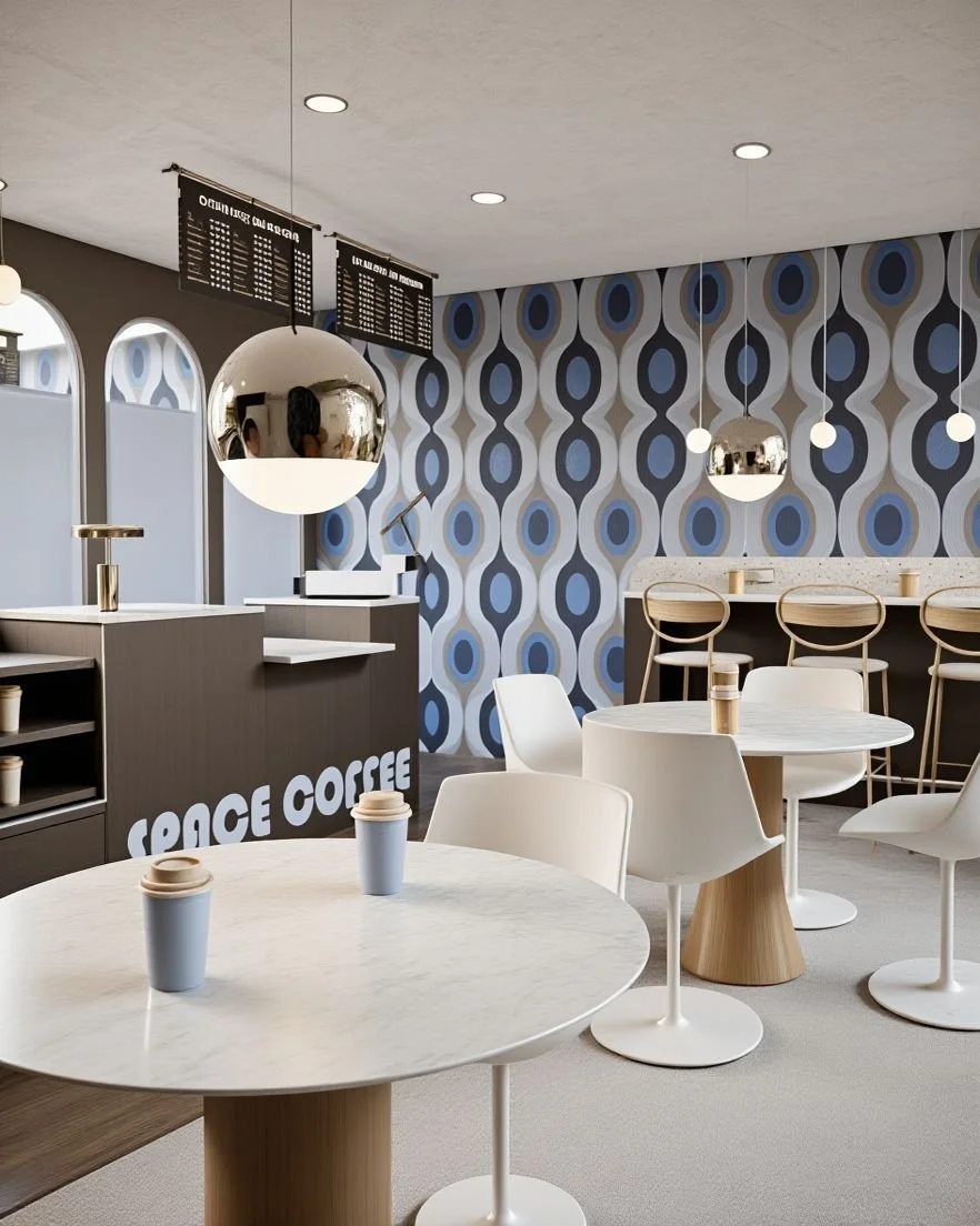 Intérieur d'un café moderne avec mobilier blanc, mur à motifs géométriques bleus et gris, lampes suspendues en métal réfléchissant, comptoir avec enseigne "Peace Coffee" et affiches de menu.