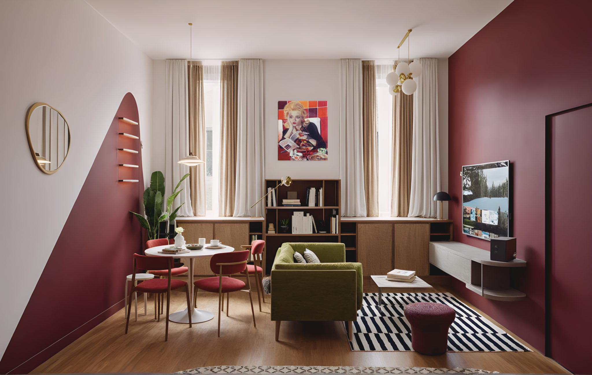 Salon avec murs blanc et bordeaux, fenêtres avec rideaux beige, canapé vert, table basse en bois, télévision à écran plat, œuvre d'art colorée au mur, meubles de rangement, lampe de bureau, tapis noir et blanc, décoration minimaliste, plantes vertes.