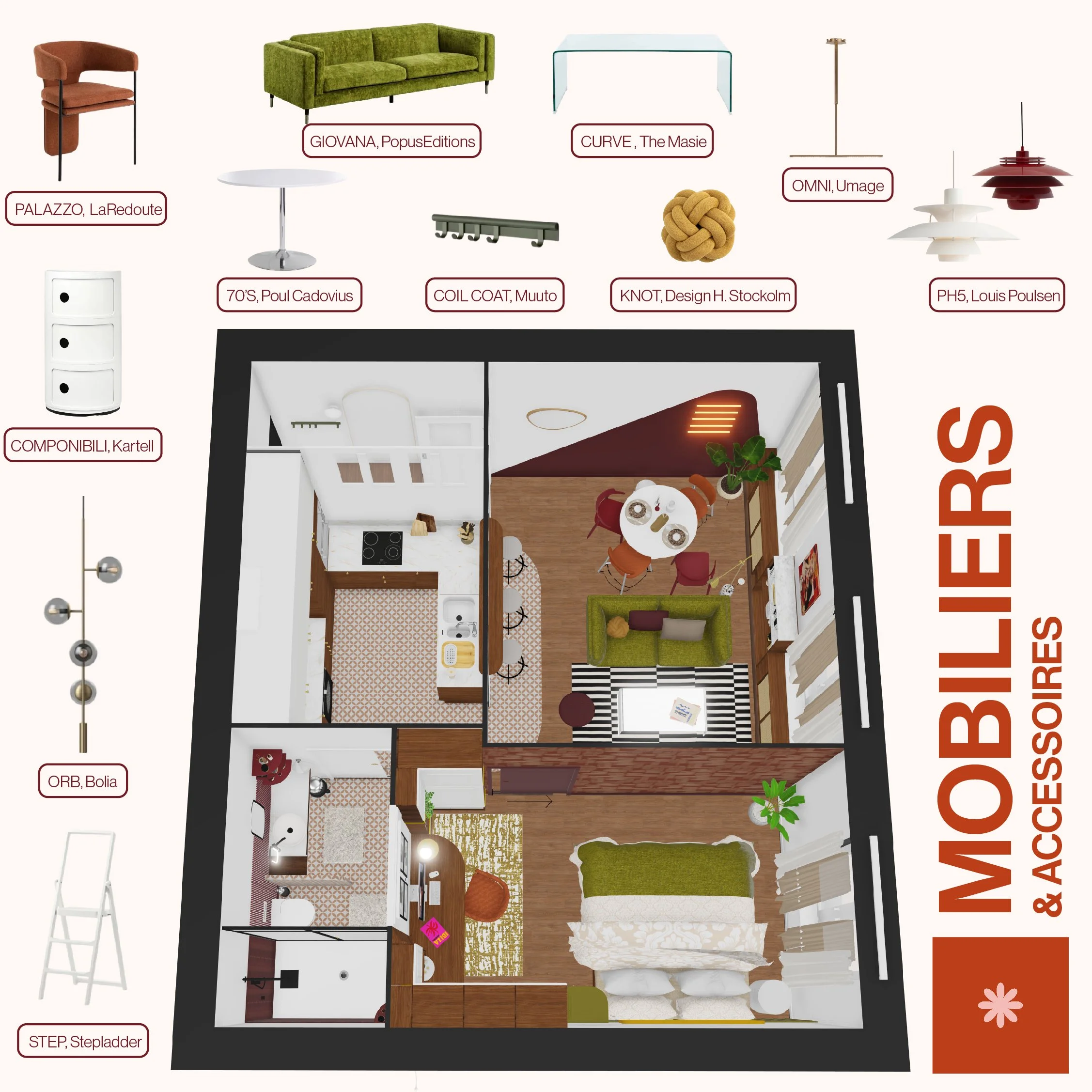 Plan d'un appartement avec mobilier de différentes marques et designers, légende en français sur les meubles et accessoires, comprenant un salon, une chambre, une cuisine, une salle de bain, et divers éléments décoratifs et fonctionnels.
