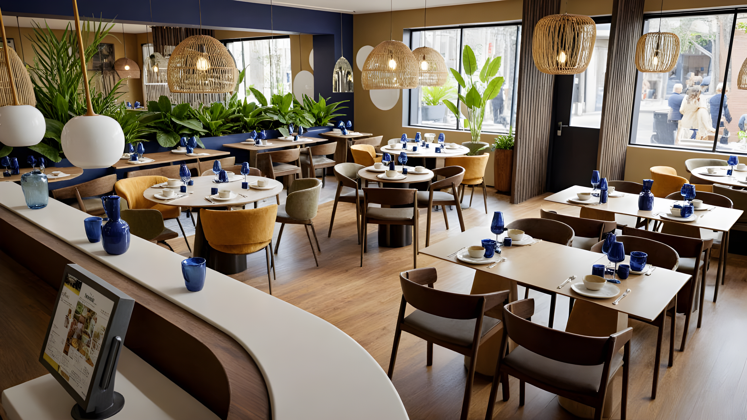 Conception salle de reception dans un restaurant vintage avec des tables dressées, vaisselle bleue, des plantes vertes et un éclairage suspendu en rotin.