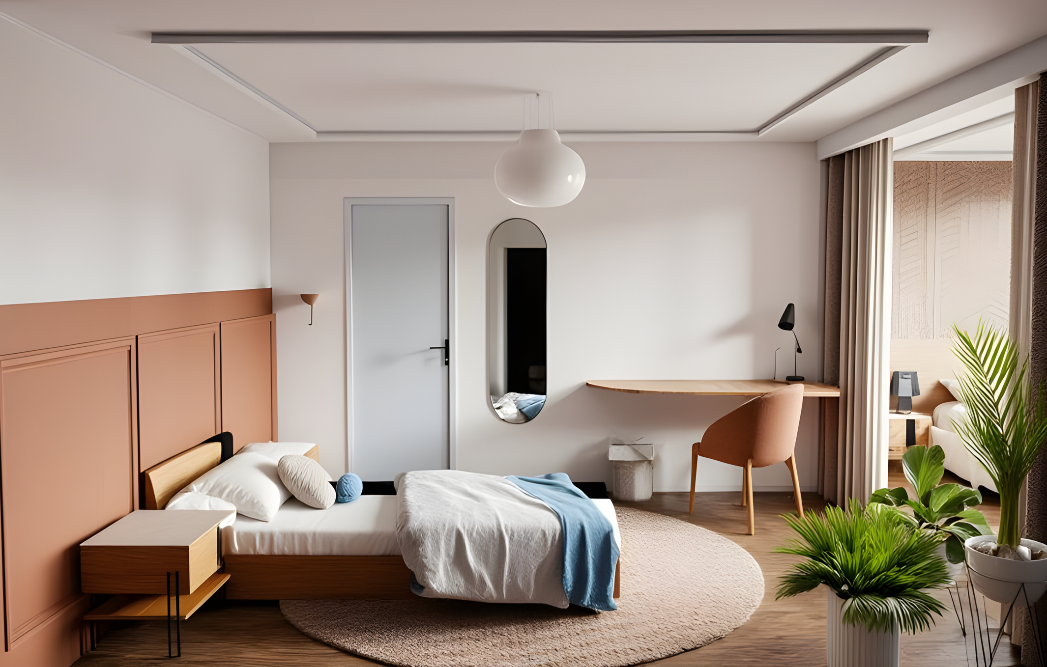 Chambre art déco avec lit, table de nuit, décoration épurée, miroir, bureau avec chaise, lampes, et plantes vertes près de la fenêtre