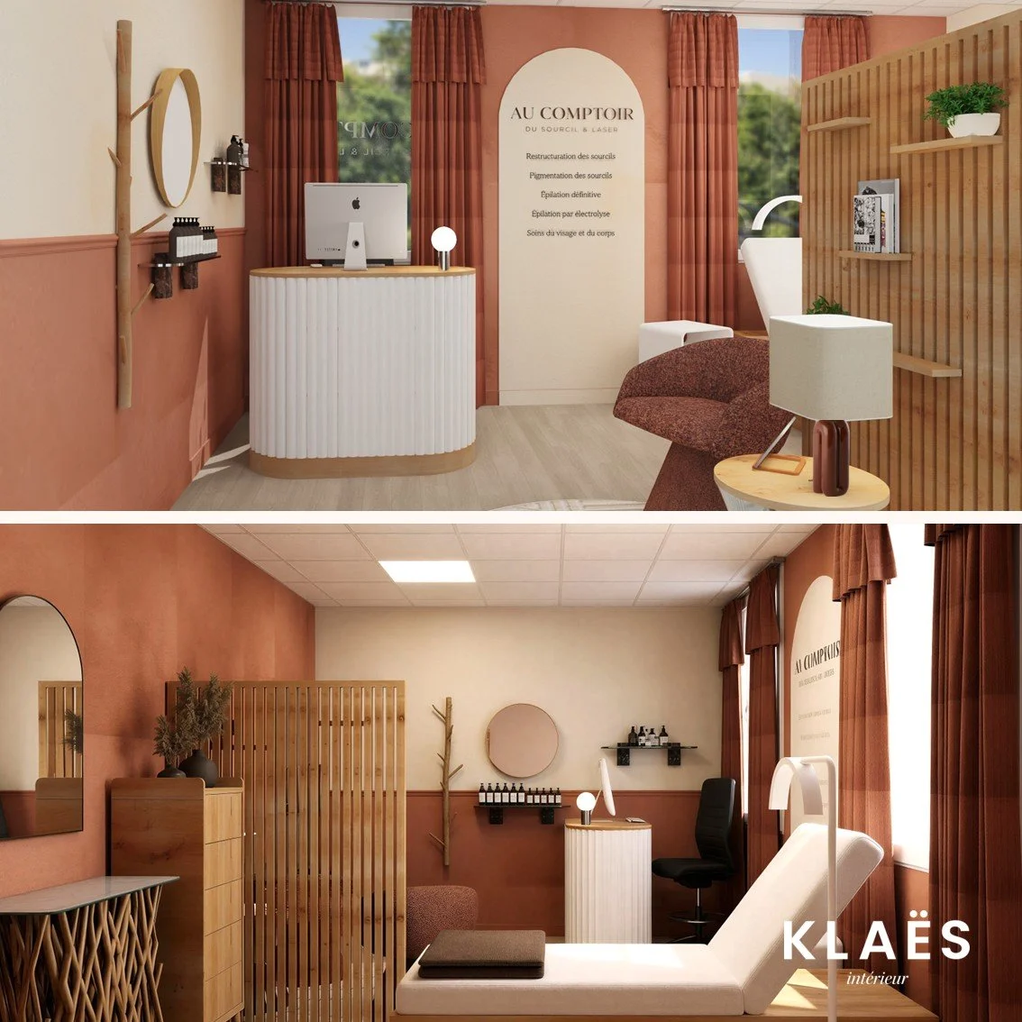 Intérieur d'un salon de soins ou de consultation avec un mobilier en bois, un ordinateur sur un comptoir, des décorations modernes et des rideaux marrons.